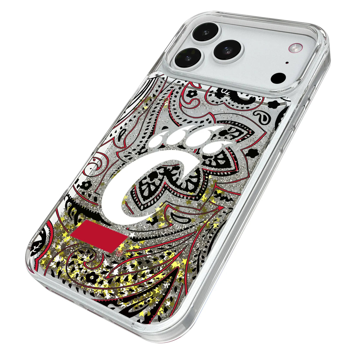 University of Cincinnati Bearcats Paisley iPhone Glitter Phone Case for Apple iPhone - Isometric View#Device_iPhone 18 Pro Max