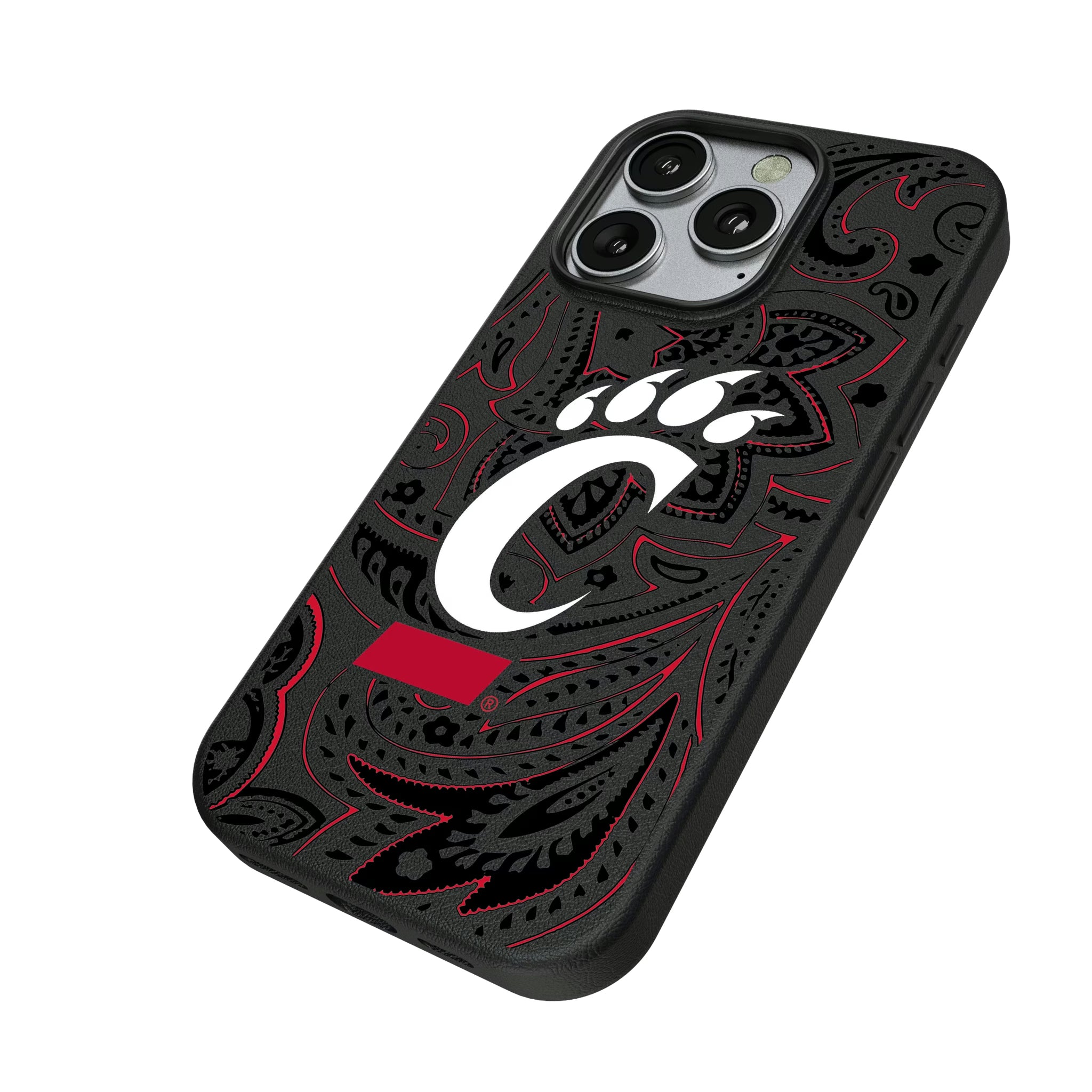 University of Cincinnati Bearcats Paisley iPhone MagSafe Compatible Phone Case for Apple iPhone - Isometric View