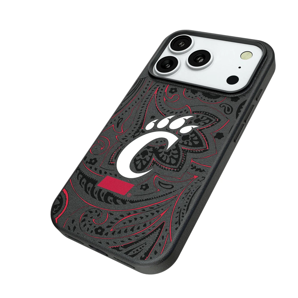 University of Cincinnati Bearcats Paisley iPhone MagSafe Compatible Phone Case for Apple iPhone - Isometric View#Device_iPhone 18 Pro