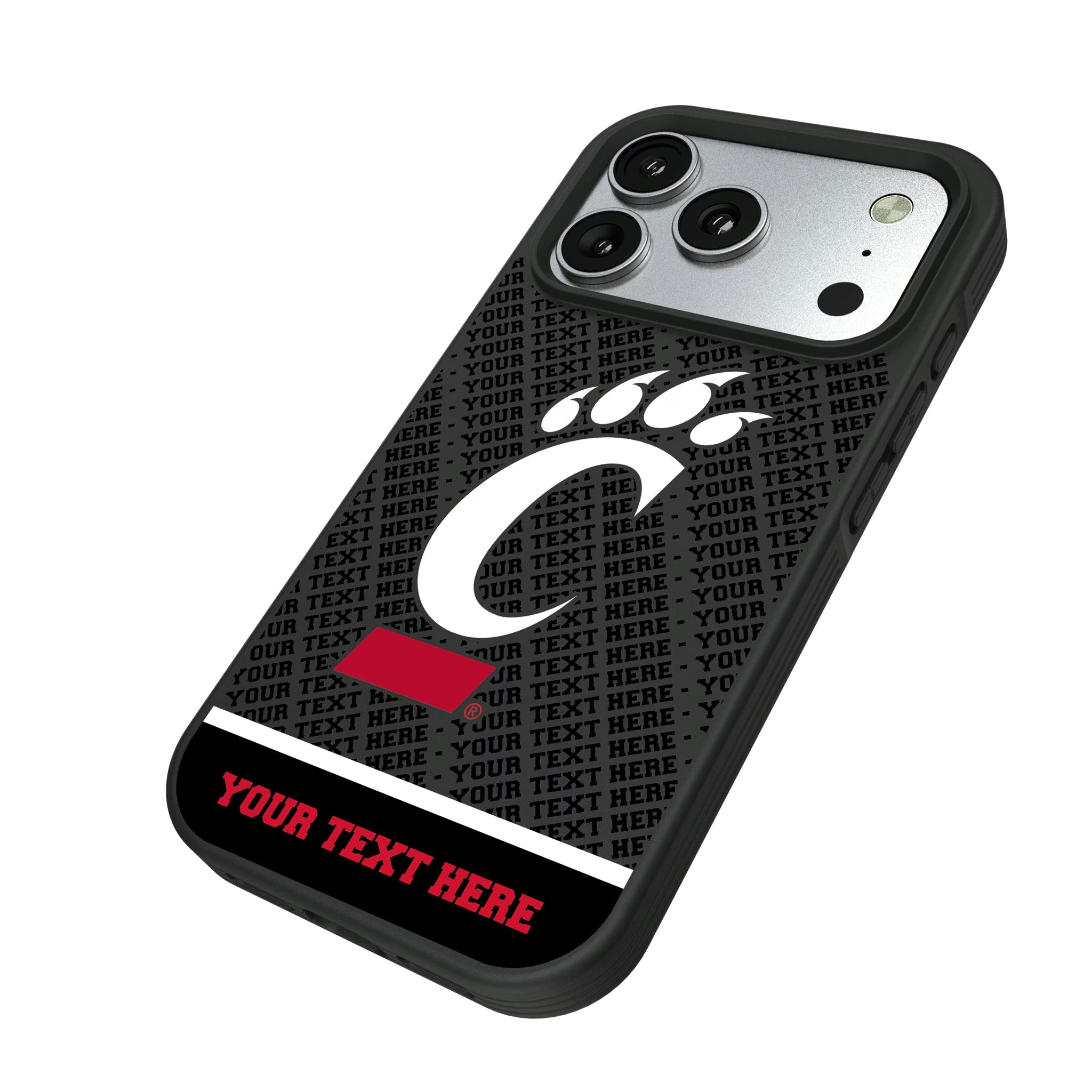 University of Cincinnati Bearcats Personalized EndZone Plus iPhone Bump Phone Case for Apple iPhone - Isometric View#Device_iPhone 17 Pro