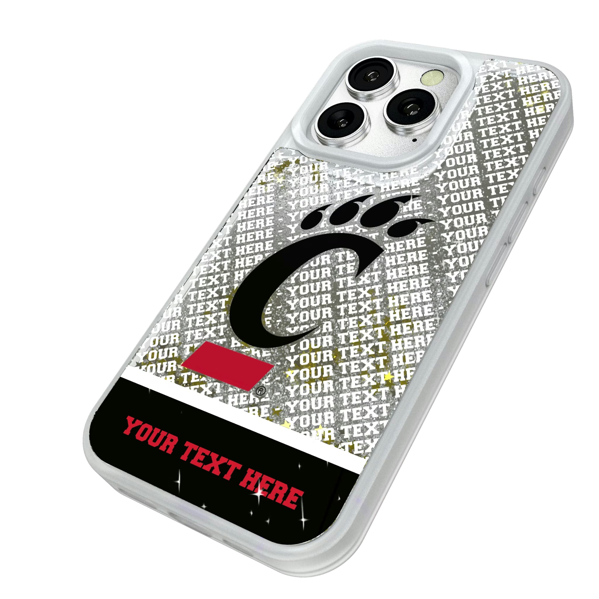 University of Cincinnati Bearcats Personalized EndZone Plus iPhone Glitter Phone Case for Apple iPhone - Isometric View#Device_iPhone 16 Pro