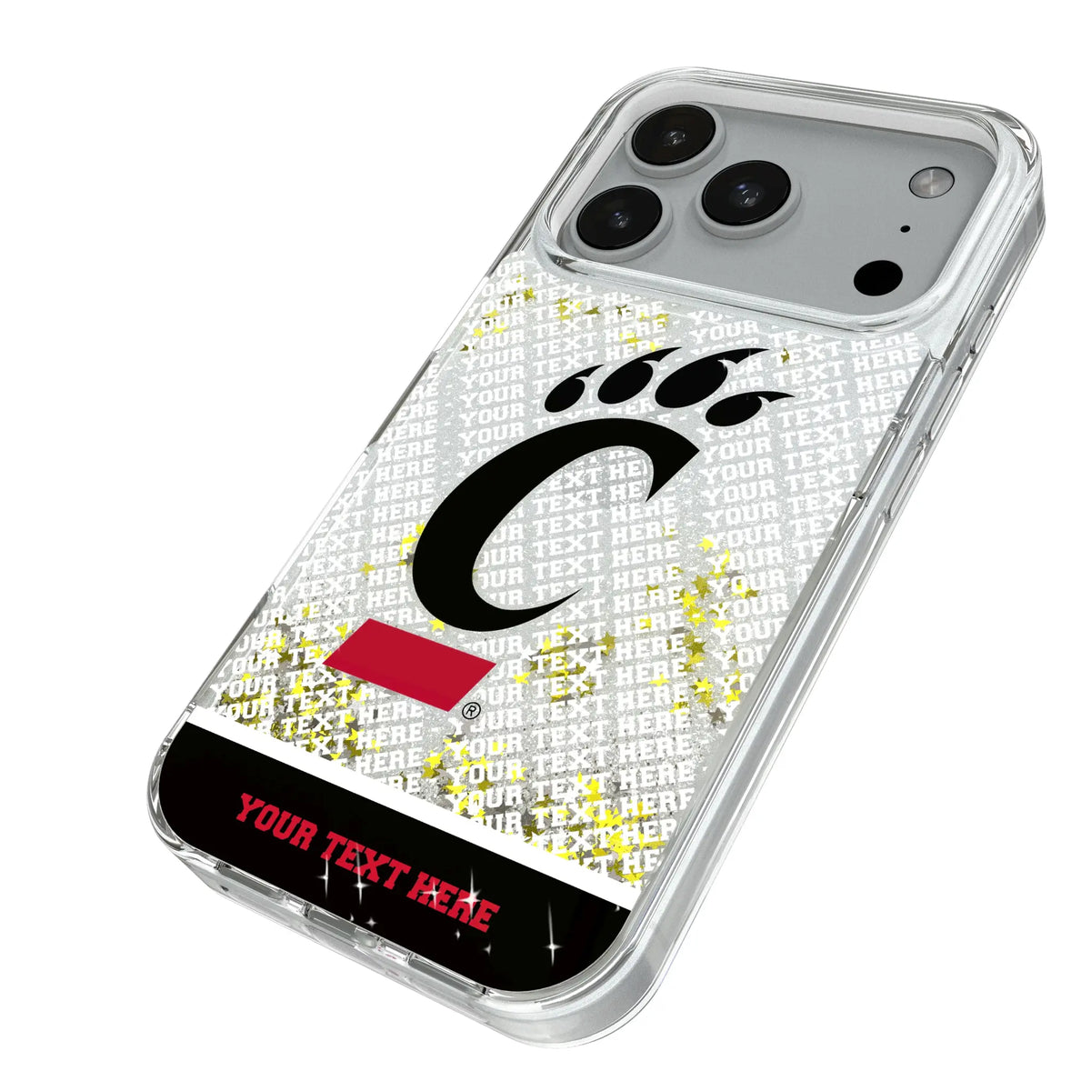University of Cincinnati Bearcats Personalized EndZone Plus iPhone Glitter Phone Case for Apple iPhone - Isometric View#Device_iPhone 18 Pro