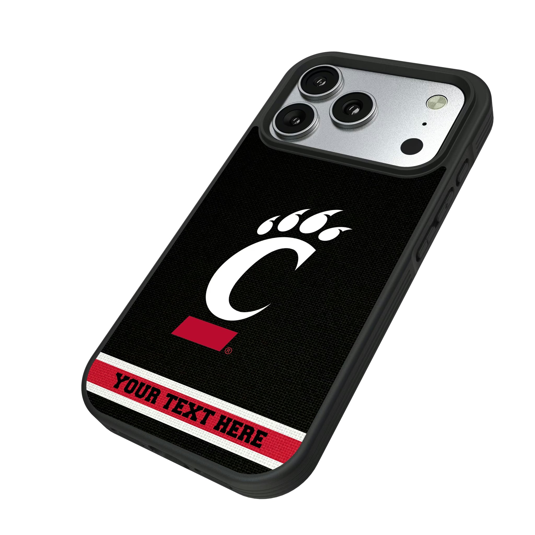 University of Cincinnati Bearcats Personalized Stripe iPhone Bump Phone Case for Apple iPhone - Isometric View#Device_iPhone 17 Pro