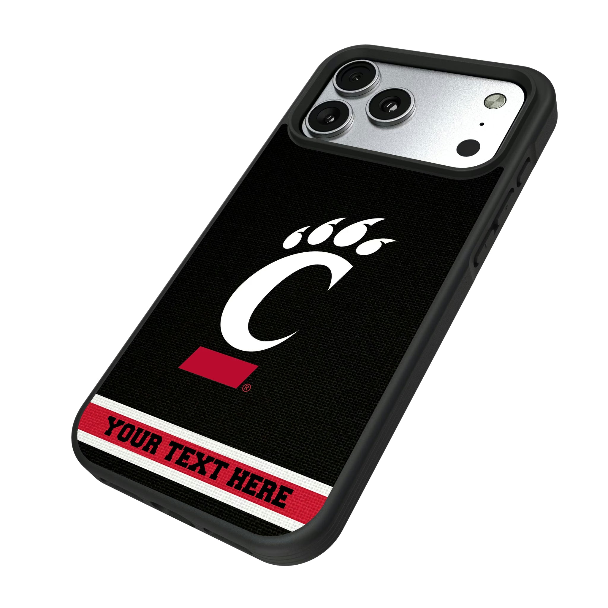 University of Cincinnati Bearcats Personalized Stripe iPhone Bump Phone Case for Apple iPhone - Isometric View#Device_iPhone 17 Pro Max
