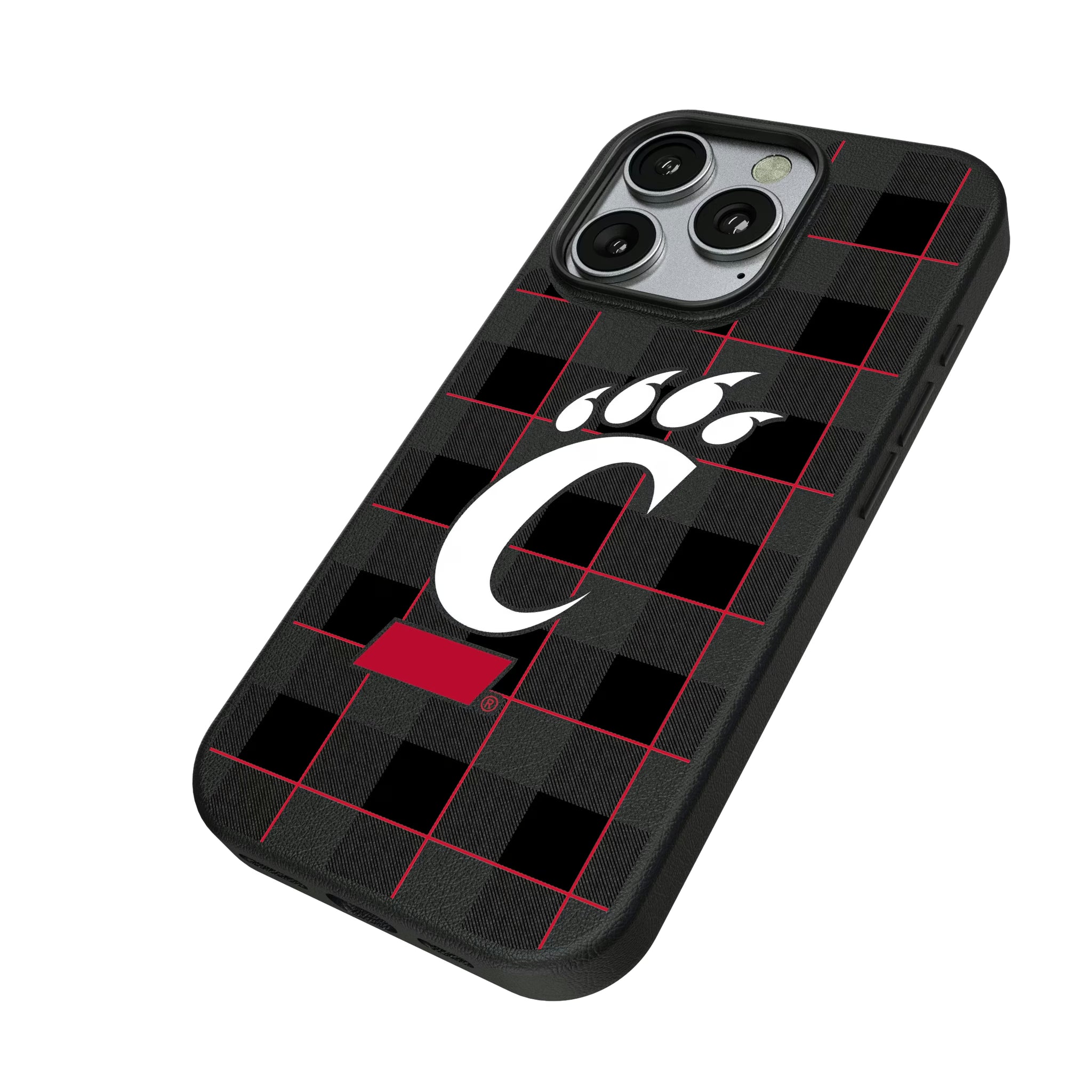 University of Cincinnati Bearcats Plaid iPhone MagSafe Compatible Phone Case for Apple iPhone - Isometric View