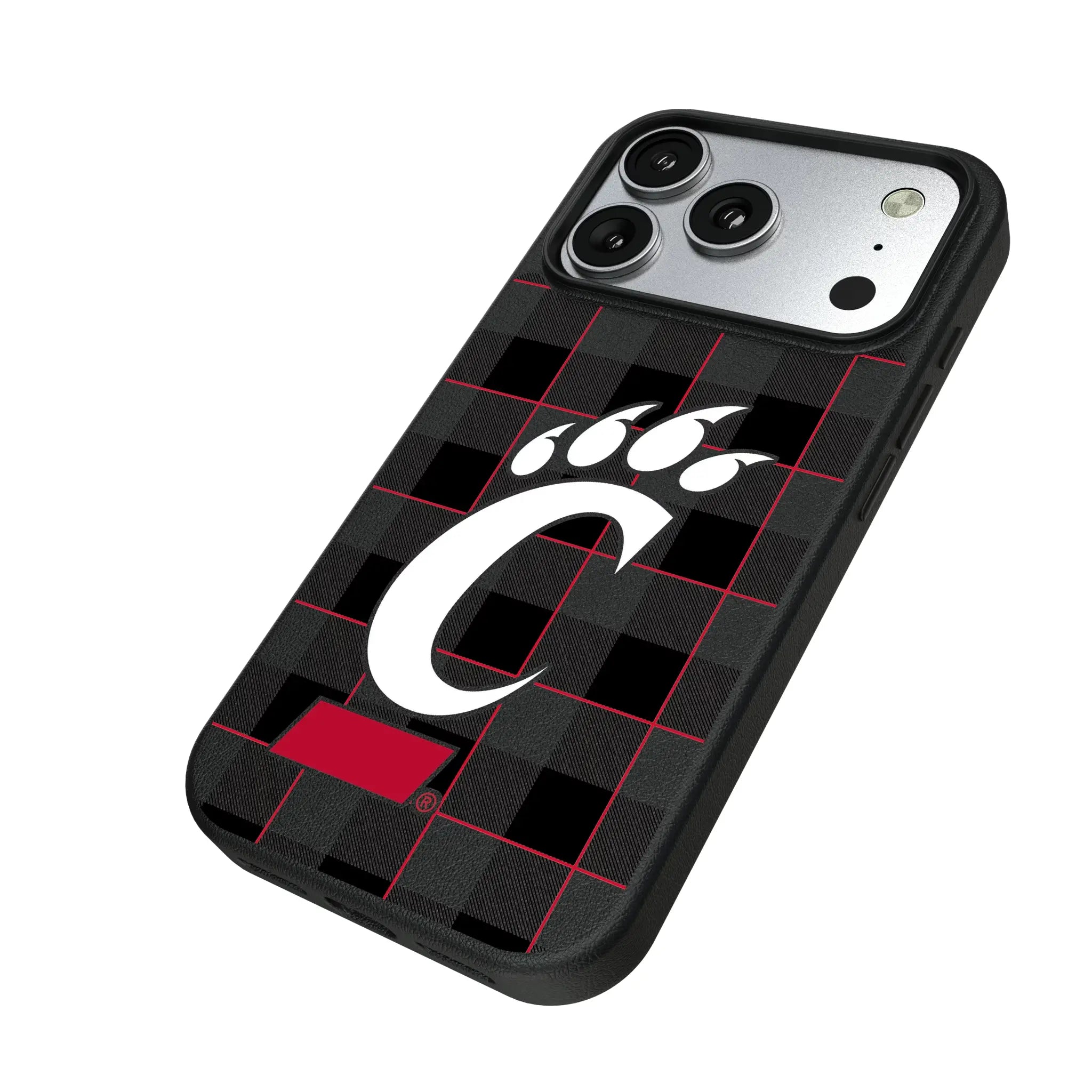 University of Cincinnati Bearcats Plaid iPhone MagSafe Compatible Phone Case for Apple iPhone - Isometric View#Device_iPhone 17 Pro