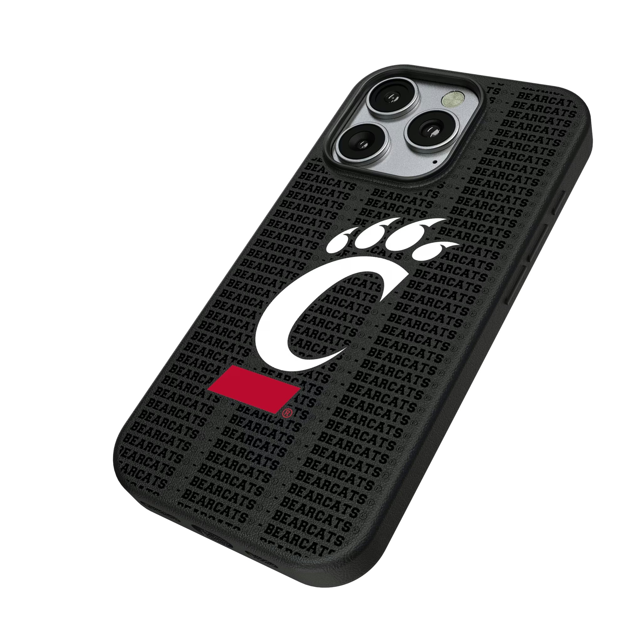 University of Cincinnati Bearcats Text Backdrop iPhone MagSafe Compatible Phone Case for Apple iPhone - Isometric View