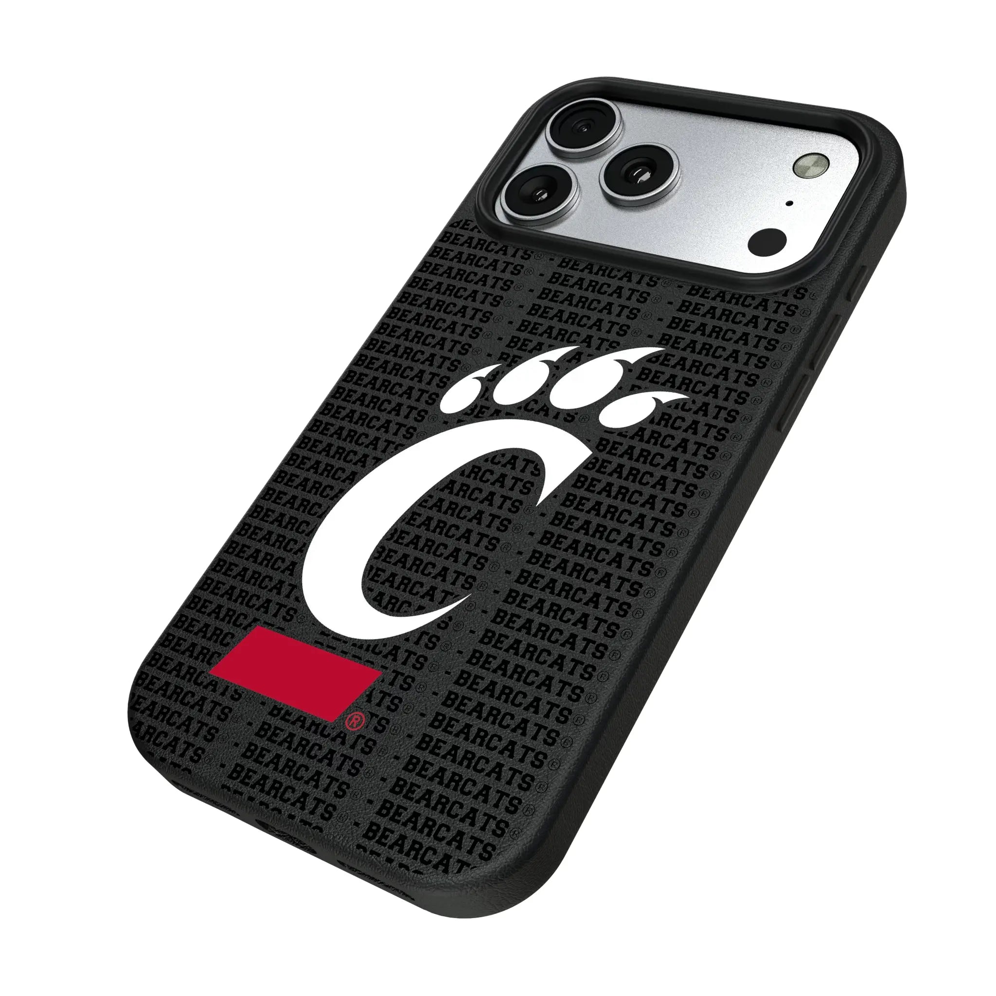 University of Cincinnati Bearcats Text Backdrop iPhone MagSafe Compatible Phone Case for Apple iPhone - Isometric View#Device_iPhone 17 Pro Max