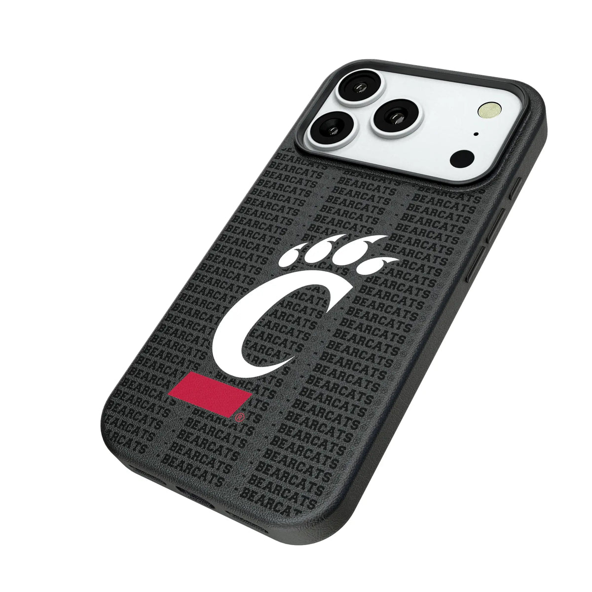 University of Cincinnati Bearcats Text Backdrop iPhone MagSafe Compatible Phone Case for Apple iPhone - Isometric View#Device_iPhone 18 Pro