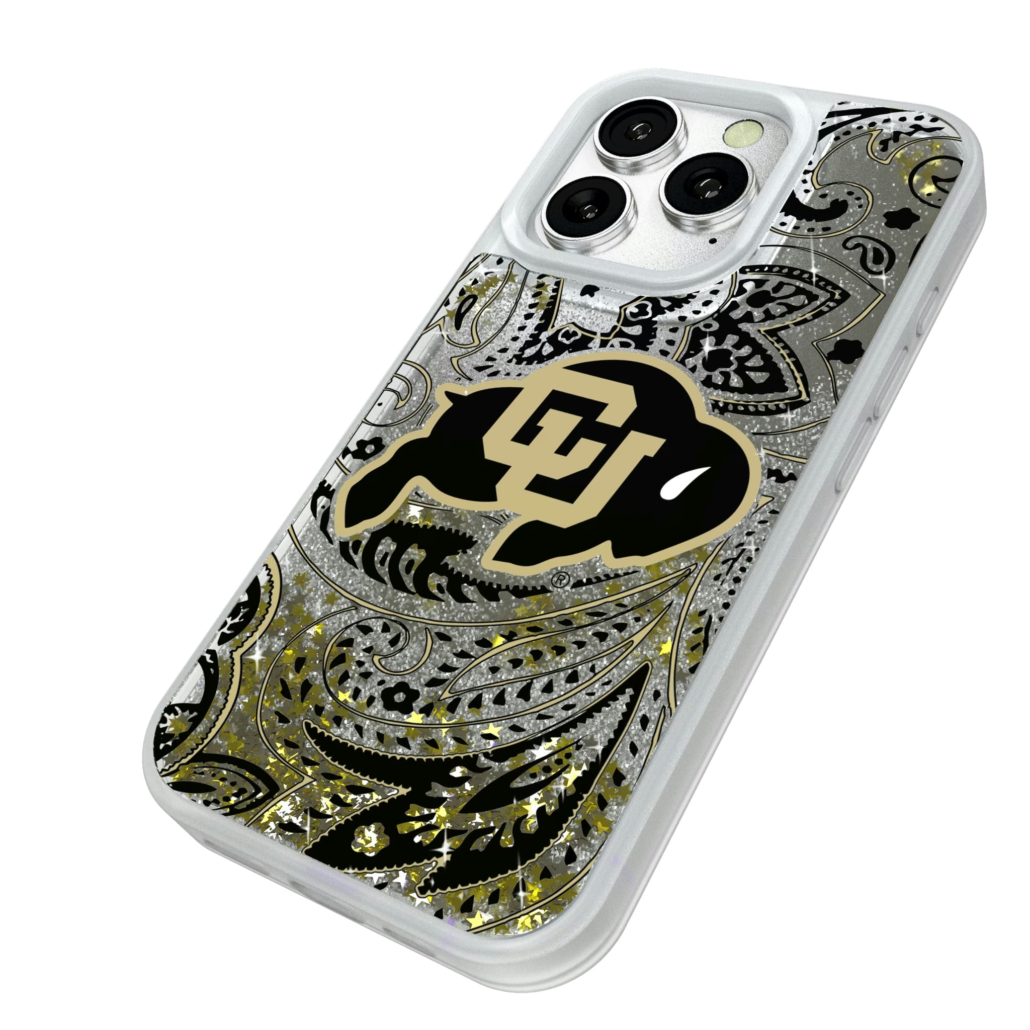 University of Colorado Buffaloes Paisley iPhone Glitter Phone Case for Apple iPhone - Isometric View#Device_iPhone 16 Pro