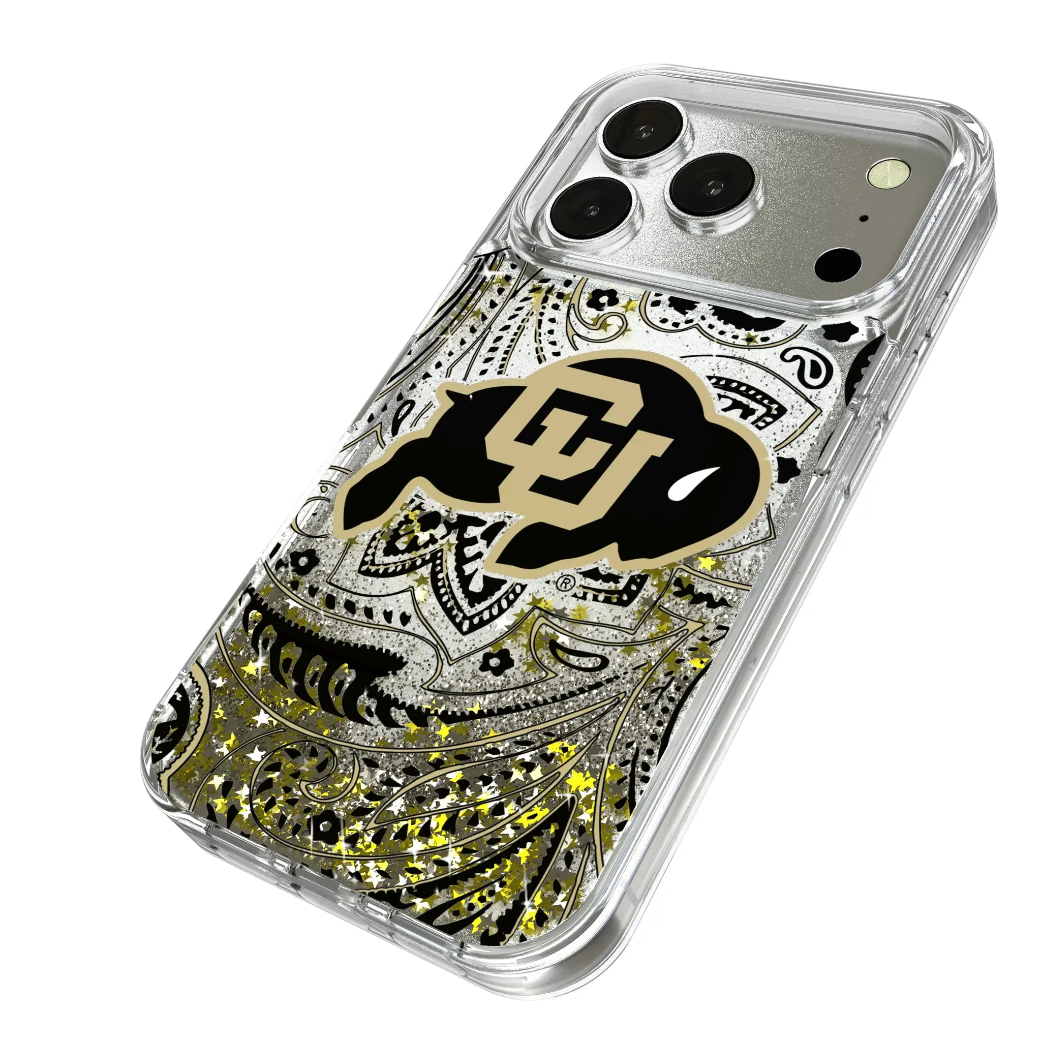 University of Colorado Buffaloes Paisley iPhone Glitter Phone Case for Apple iPhone - Isometric View