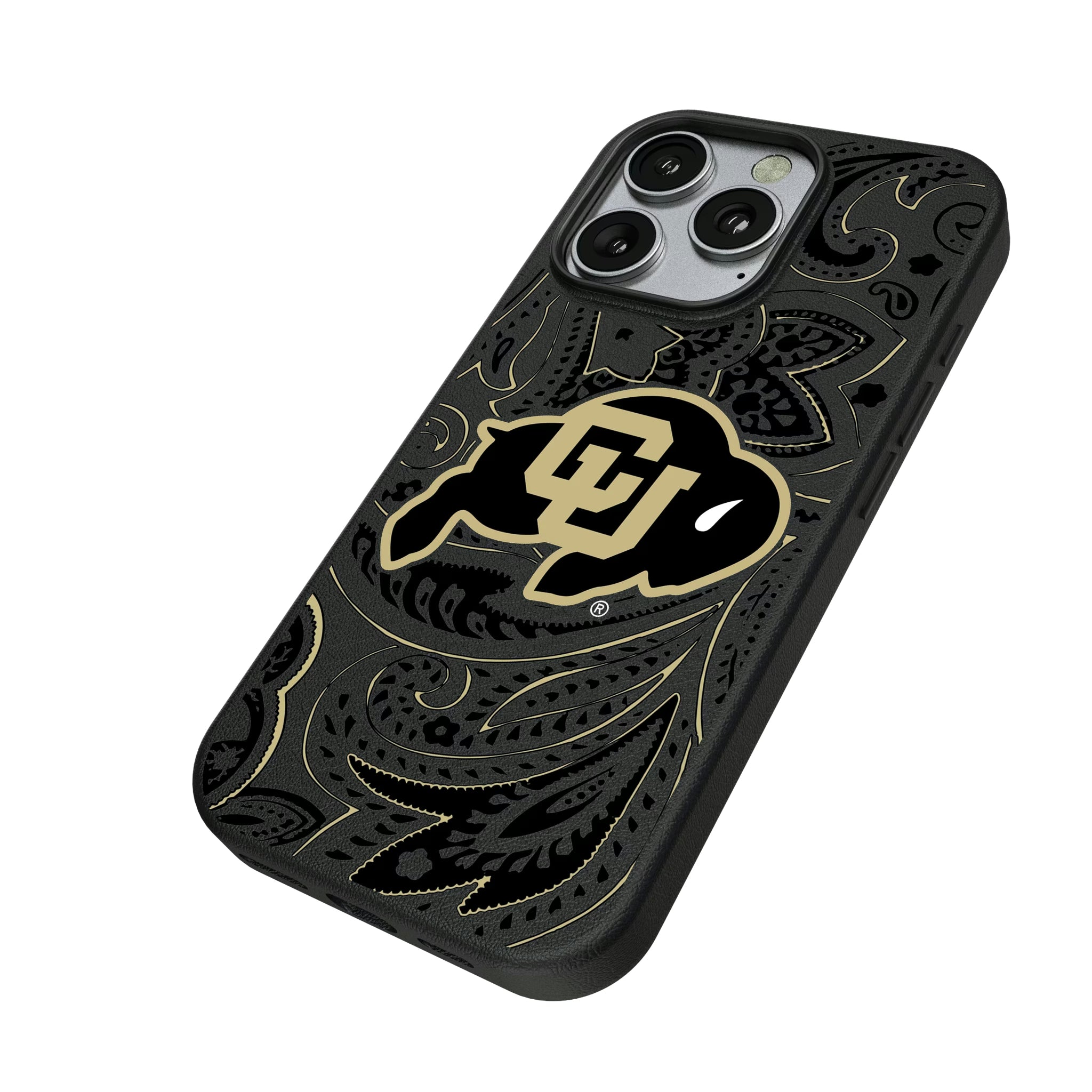 University of Colorado Buffaloes Paisley iPhone MagSafe Compatible Phone Case for Apple iPhone - Isometric View