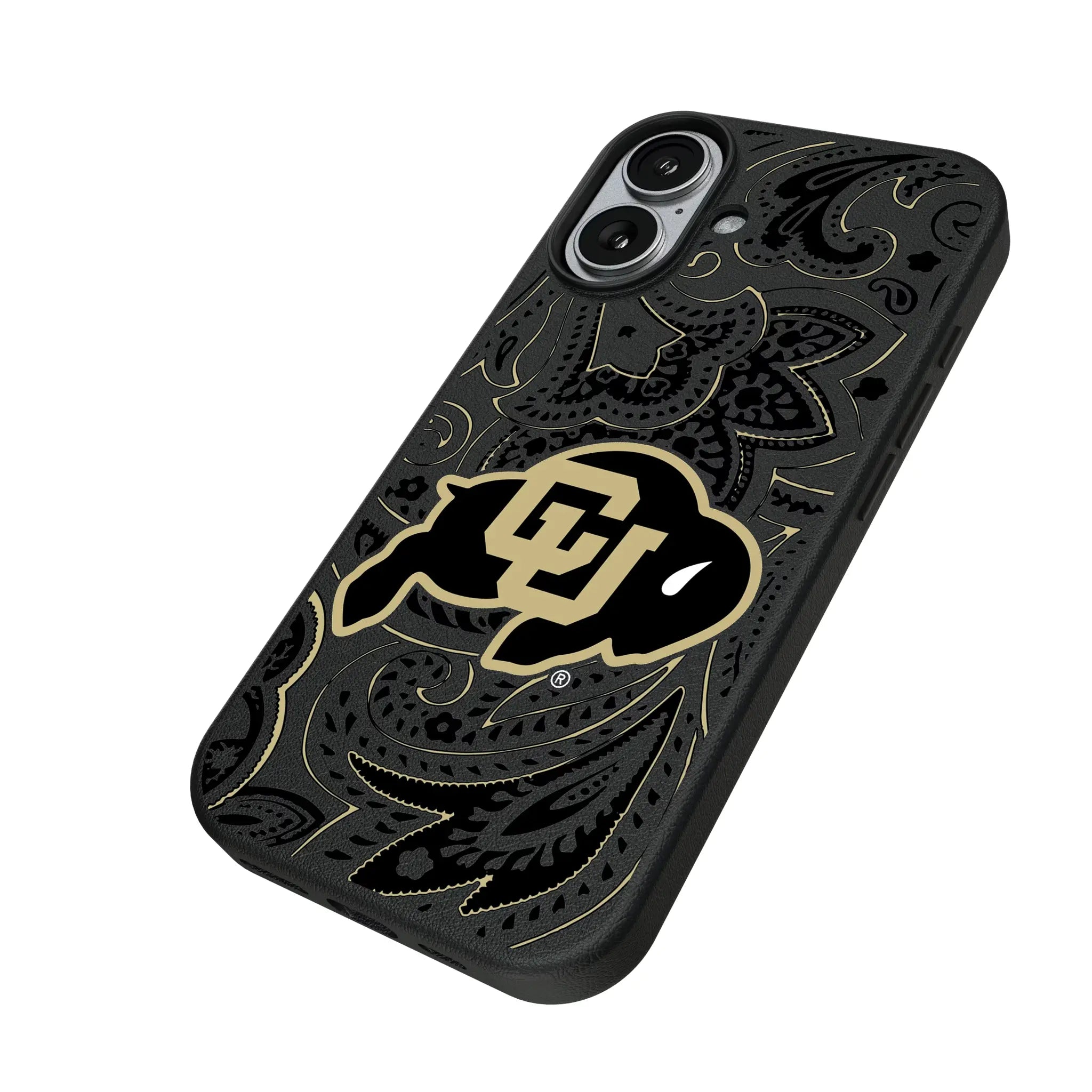 University of Colorado Buffaloes Paisley iPhone MagSafe Compatible Phone Case for Apple iPhone - Isometric View#Device_iPhone 17