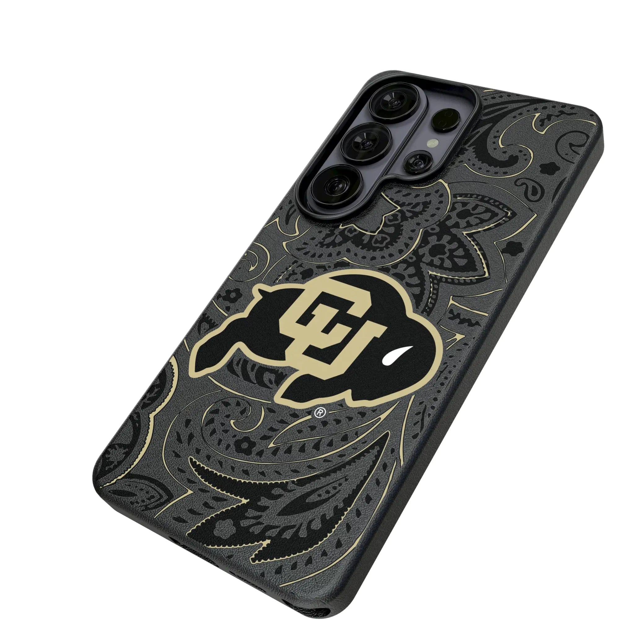 University of Colorado Buffaloes Paisley Galaxy MagSafe Compatible Phone Case for Samsung Galaxy - Isometric View#Device_Galaxy S26 Ultra