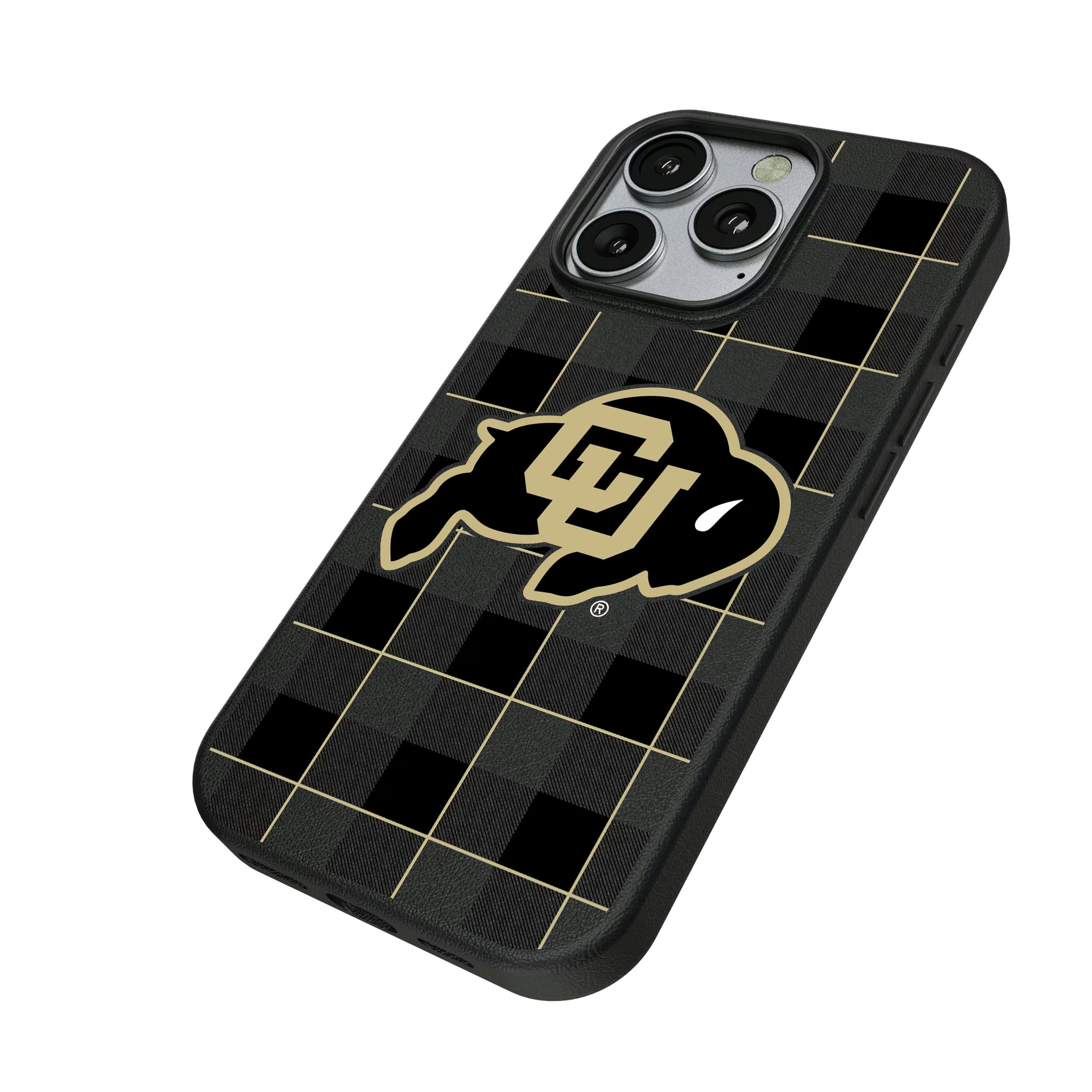 University of Colorado Buffaloes Plaid iPhone MagSafe Compatible Phone Case for Apple iPhone - Isometric View