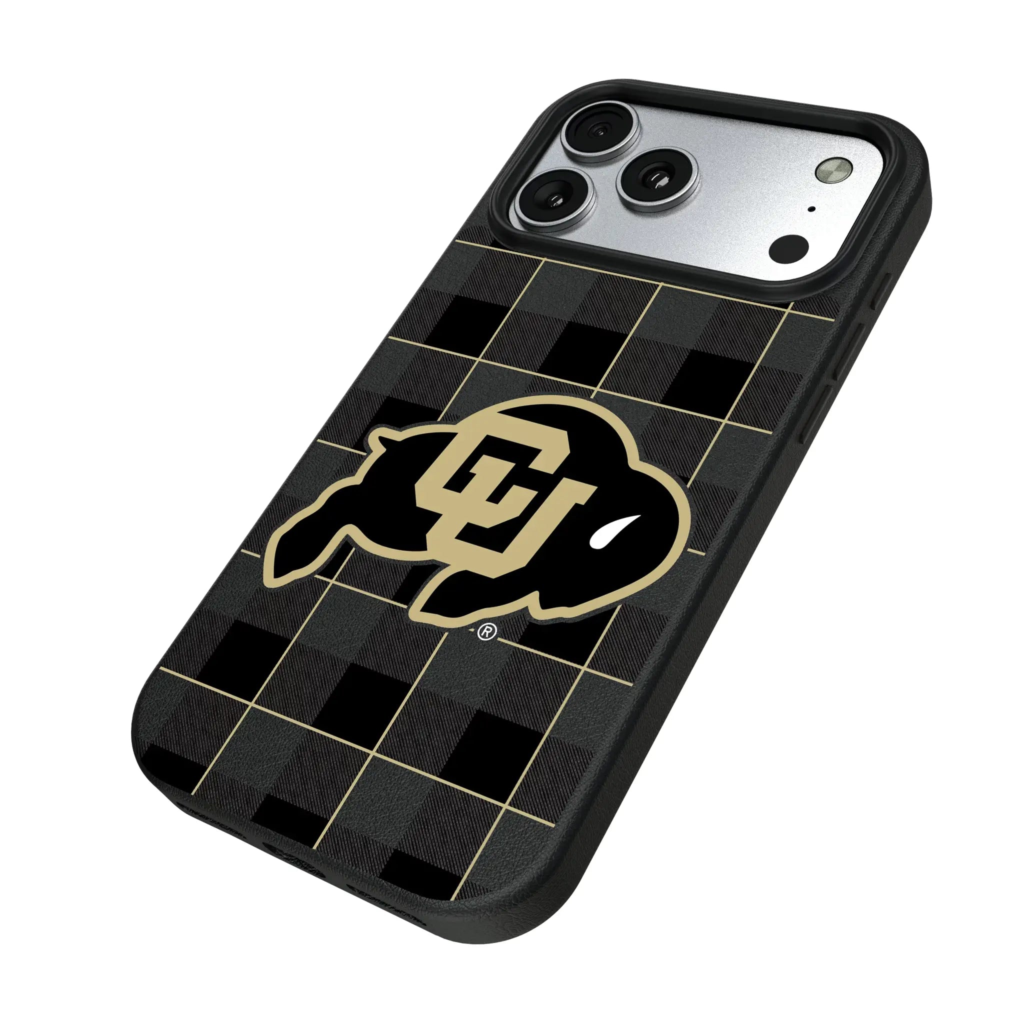 University of Colorado Buffaloes Plaid iPhone MagSafe Compatible Phone Case for Apple iPhone - Isometric View#Device_iPhone 17 Pro Max
