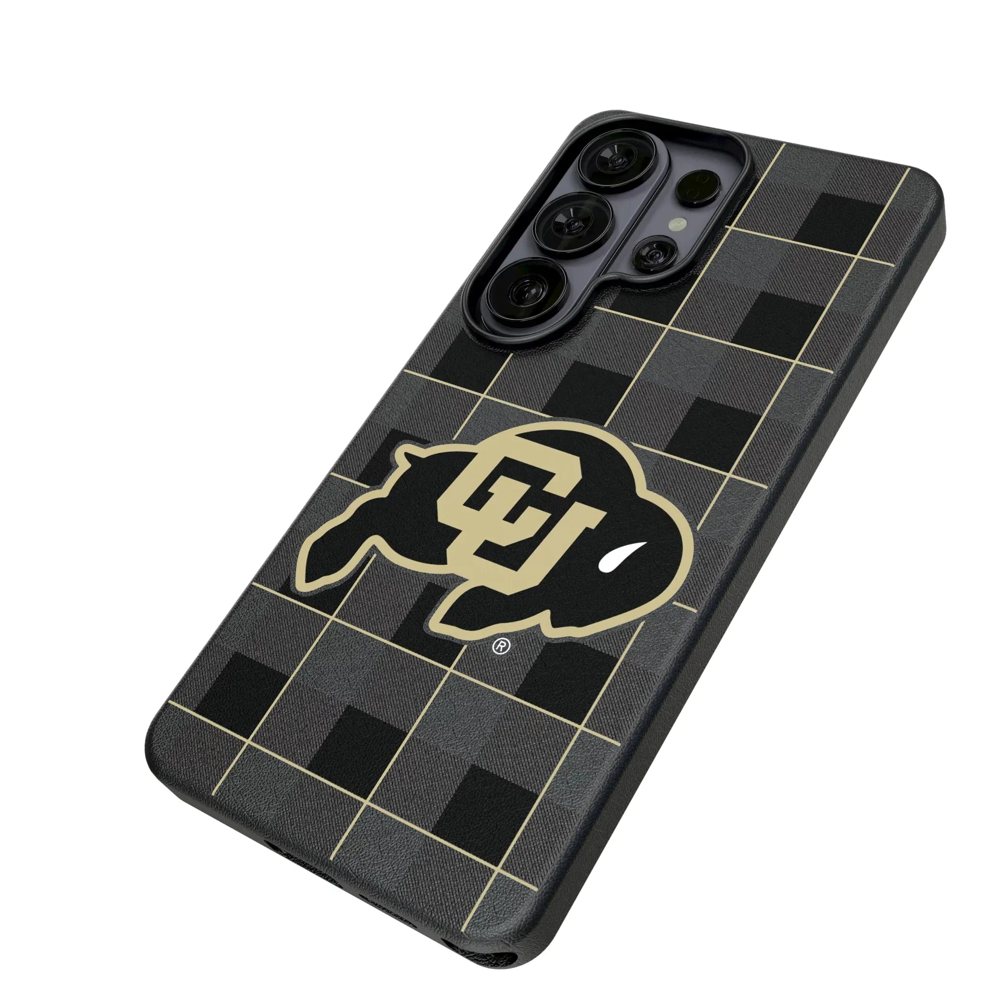 University of Colorado Buffaloes Plaid Galaxy MagSafe Compatible Phone Case for Samsung Galaxy - Isometric View#Device_Galaxy S26 Ultra