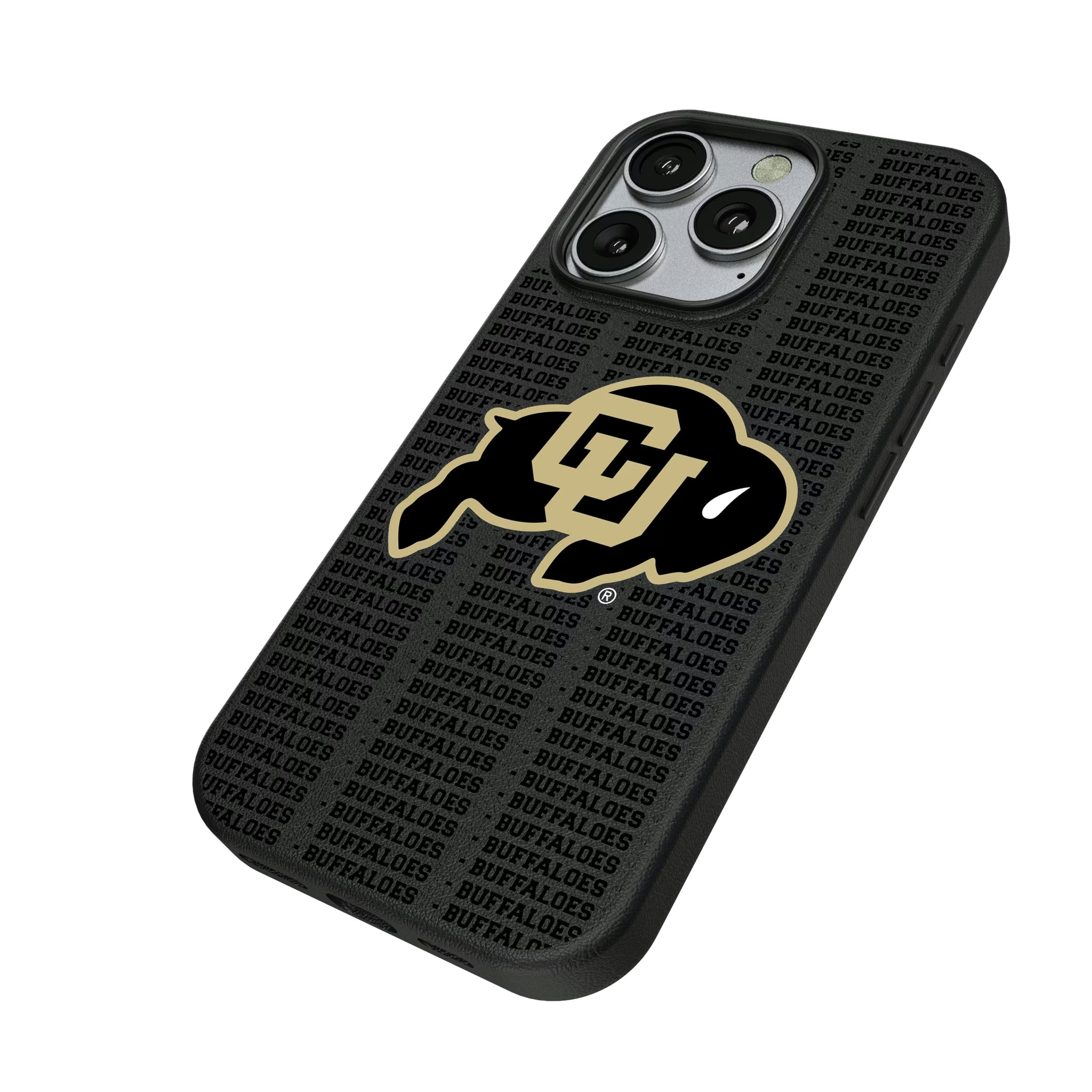 University of Colorado Buffaloes Text Backdrop iPhone MagSafe Compatible Phone Case for Apple iPhone - Isometric View