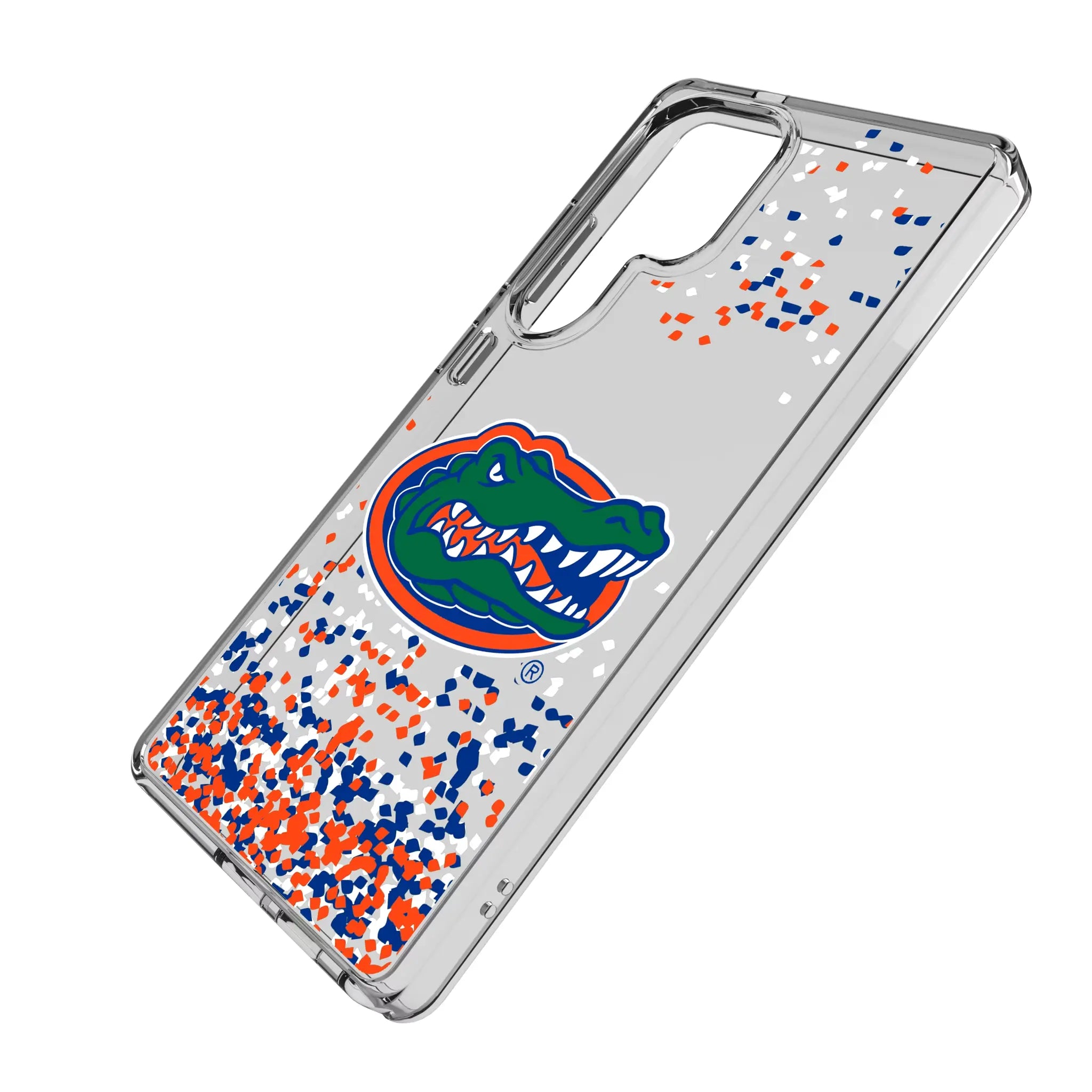 University of Florida Gators Confetti Galaxy Clear Phone Case for Samsung Galaxy - Isometric View#Device_Galaxy S25 Ultra