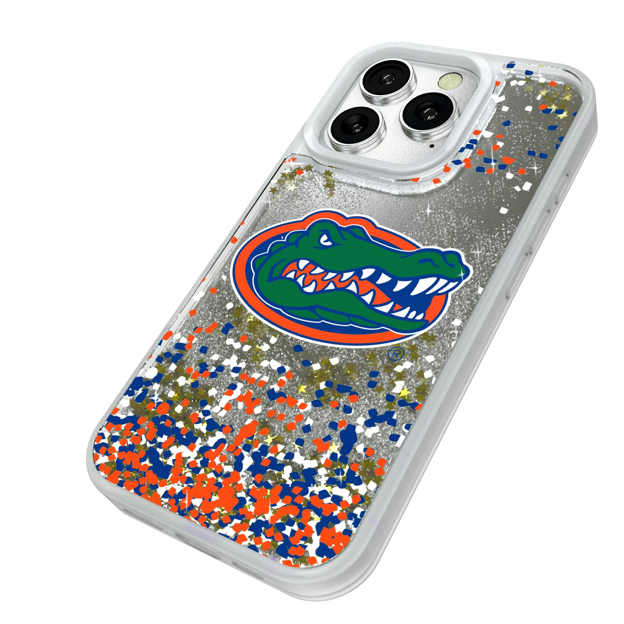 University of Florida Gators Confetti iPhone Glitter Phone Case for Apple iPhone - Isometric View#Device_iPhone 16 Pro