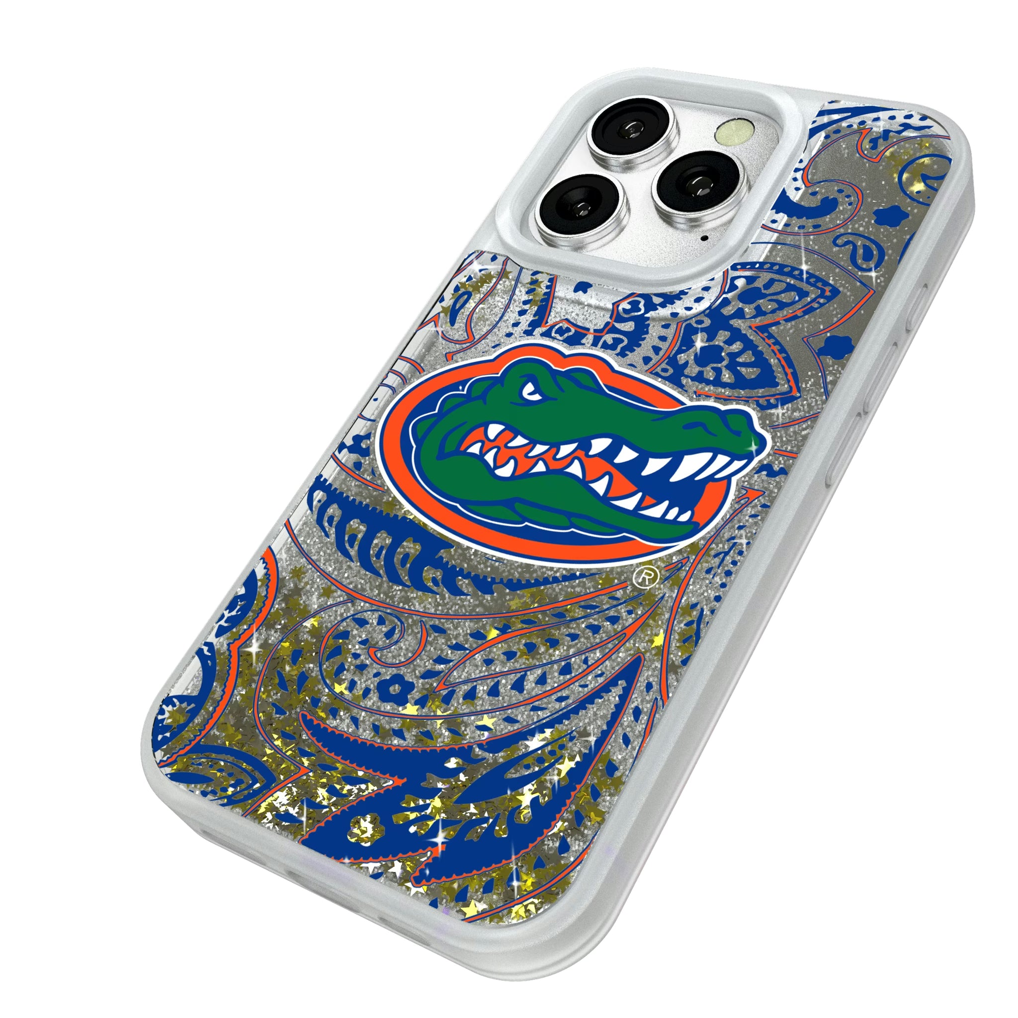 University of Florida Gators Paisley iPhone Glitter Phone Case for Apple iPhone - Isometric View#Device_iPhone 16 Pro