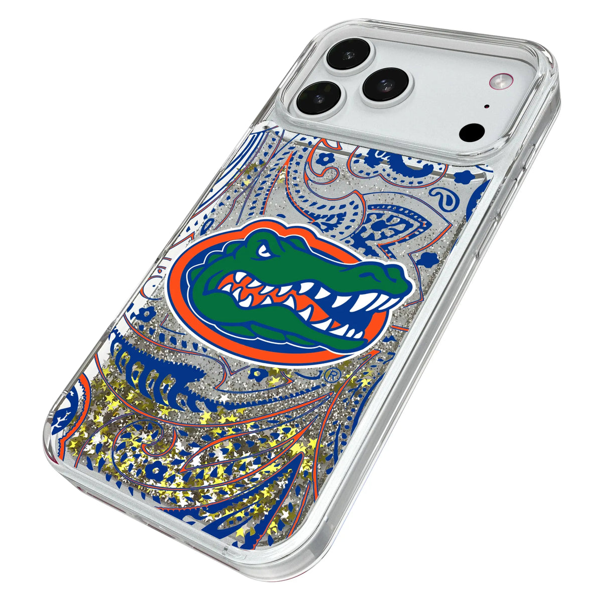 University of Florida Gators Paisley iPhone Glitter Phone Case for Apple iPhone - Isometric View#Device_iPhone 18 Pro Max