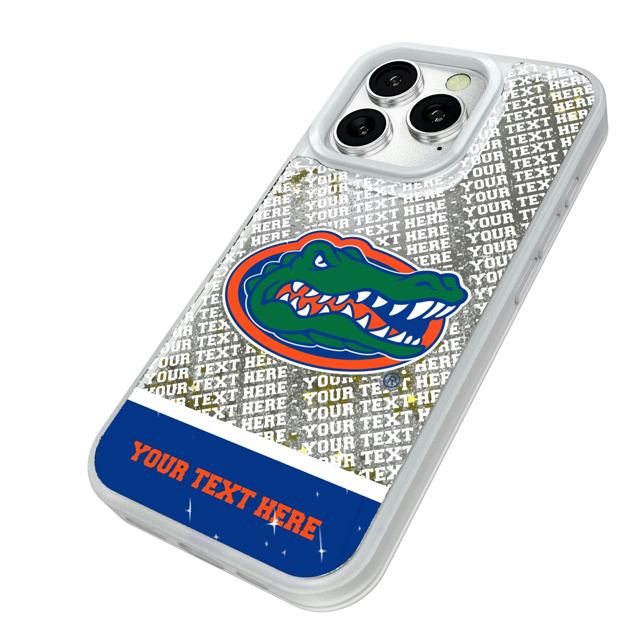 University of Florida Gators Personalized EndZone Plus iPhone Glitter Phone Case for Apple iPhone - Isometric View#Device_iPhone 16 Pro