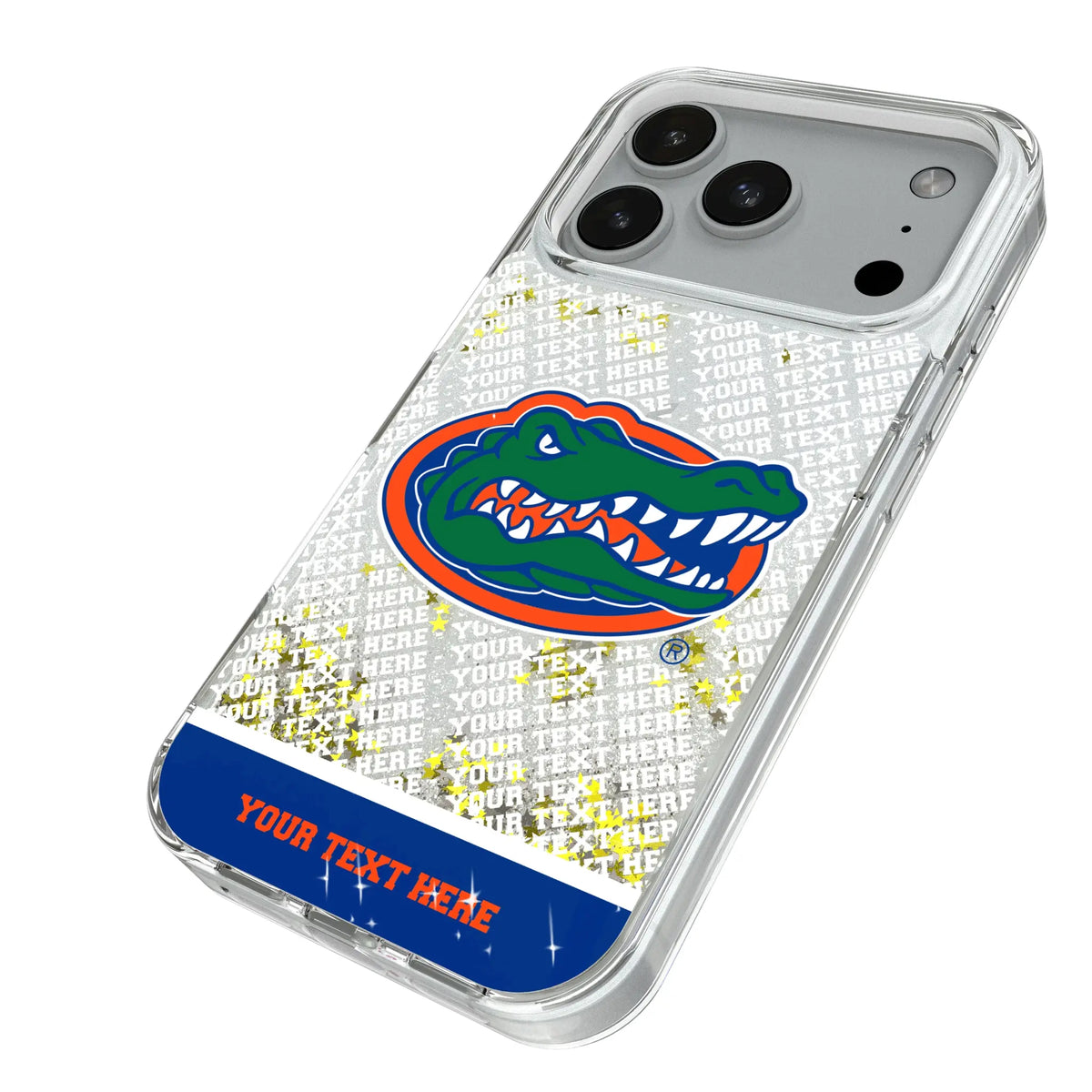 University of Florida Gators Personalized EndZone Plus iPhone Glitter Phone Case for Apple iPhone - Isometric View#Device_iPhone 18 Pro