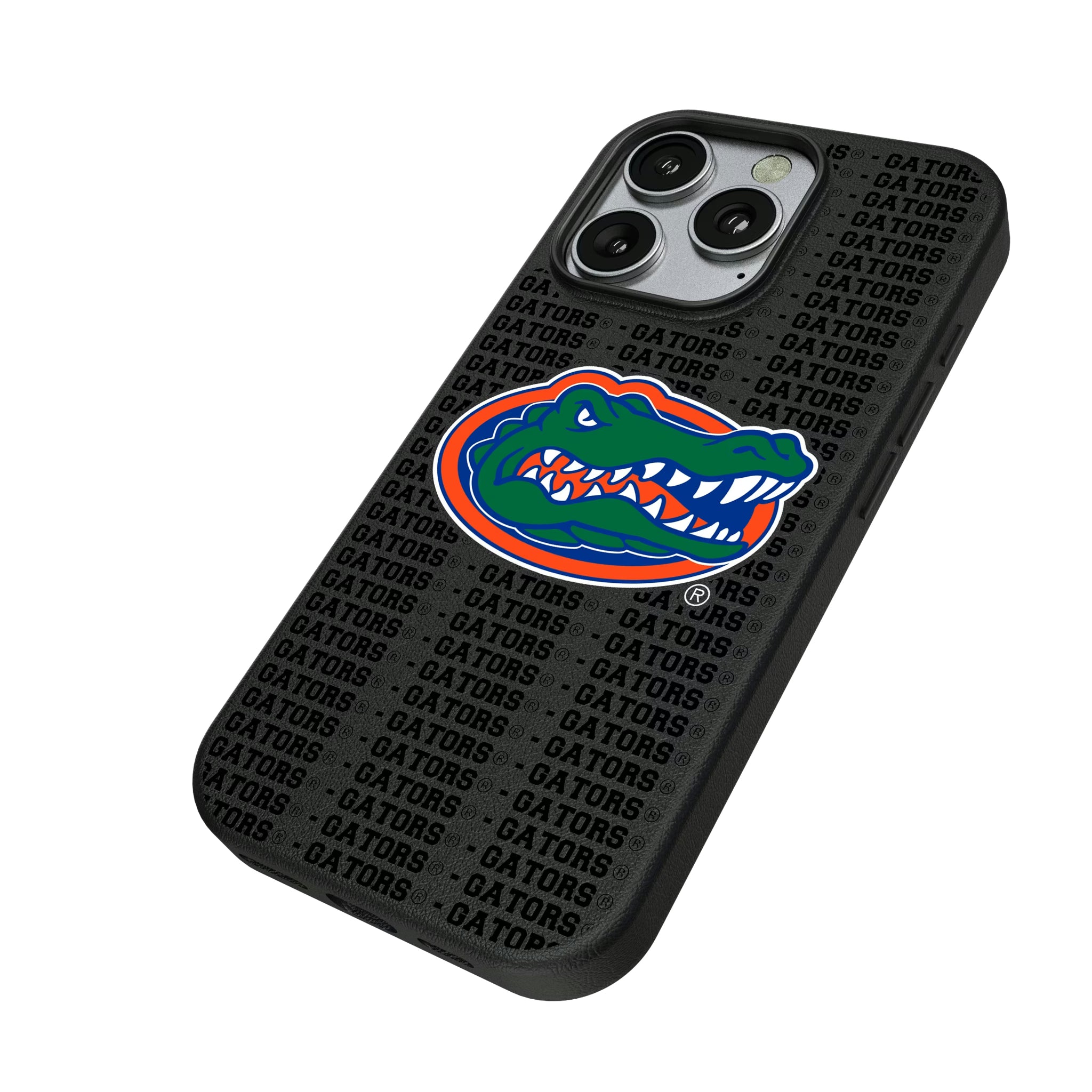 University of Florida Gators Text Backdrop iPhone MagSafe Compatible Phone Case for Apple iPhone - Isometric View