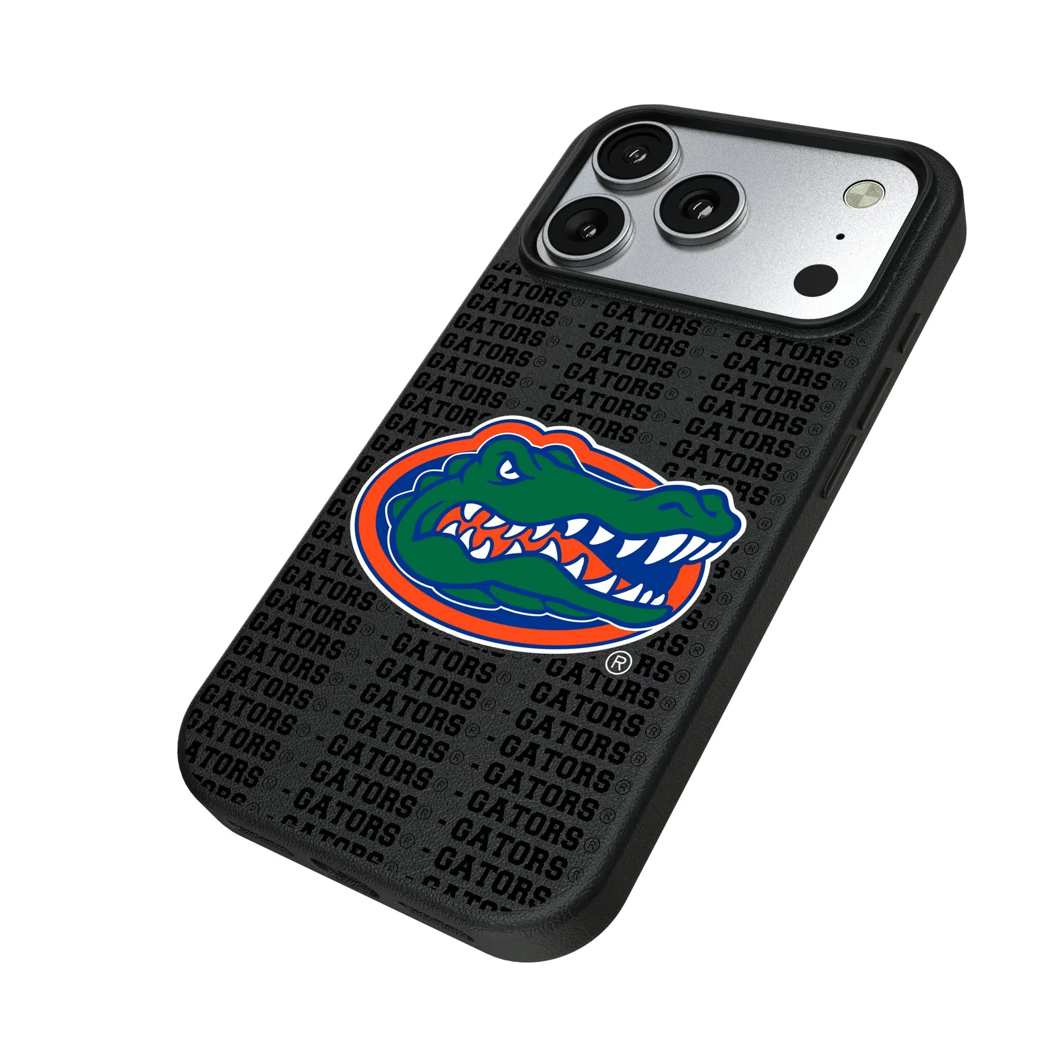 University of Florida Gators Text Backdrop iPhone MagSafe Compatible Phone Case for Apple iPhone - Isometric View#Device_iPhone 17 Pro