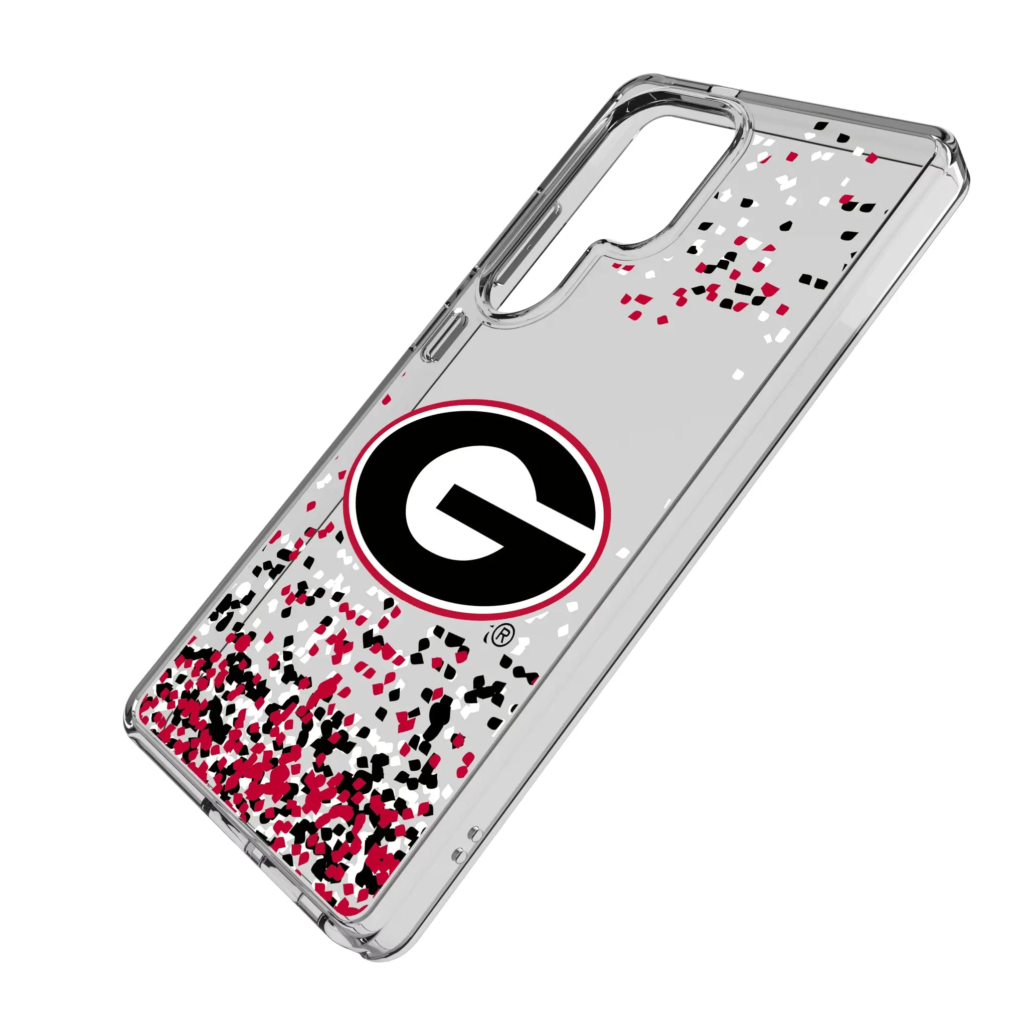 University of Georgia Bulldogs Confetti Galaxy Clear Phone Case for Samsung Galaxy - Isometric View#Device_Galaxy S25 Ultra