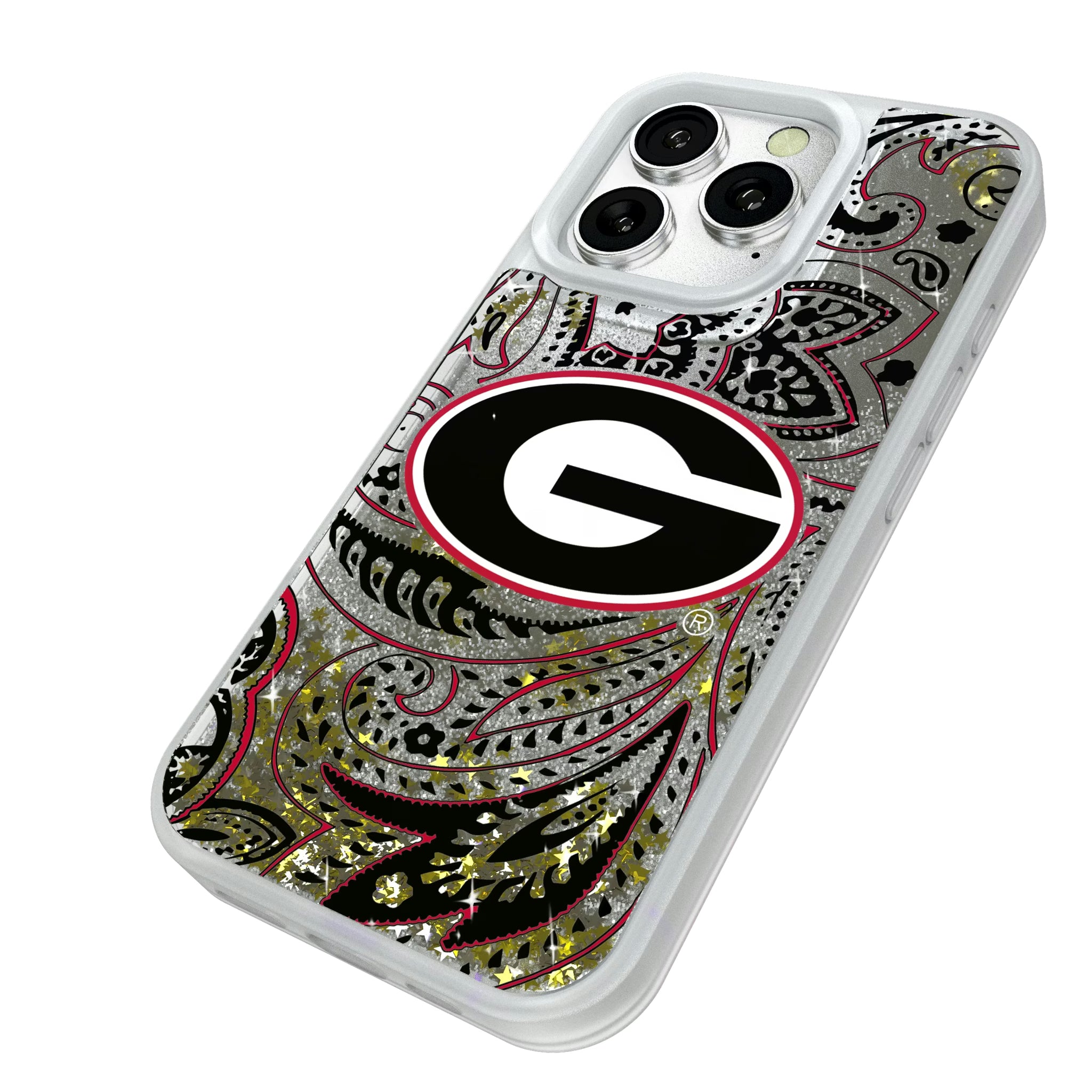 University of Georgia Bulldogs Paisley iPhone Glitter Phone Case for Apple iPhone - Isometric View#Device_iPhone 16 Pro