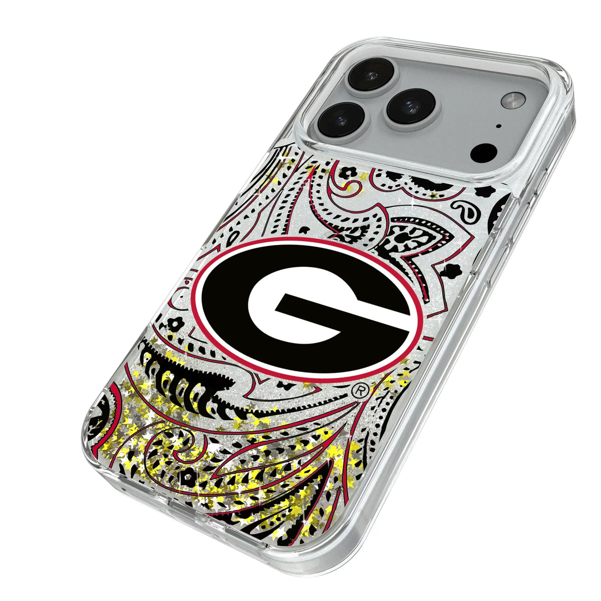 University of Georgia Bulldogs Paisley iPhone Glitter Phone Case for Apple iPhone - Isometric View#Device_iPhone 18 Pro