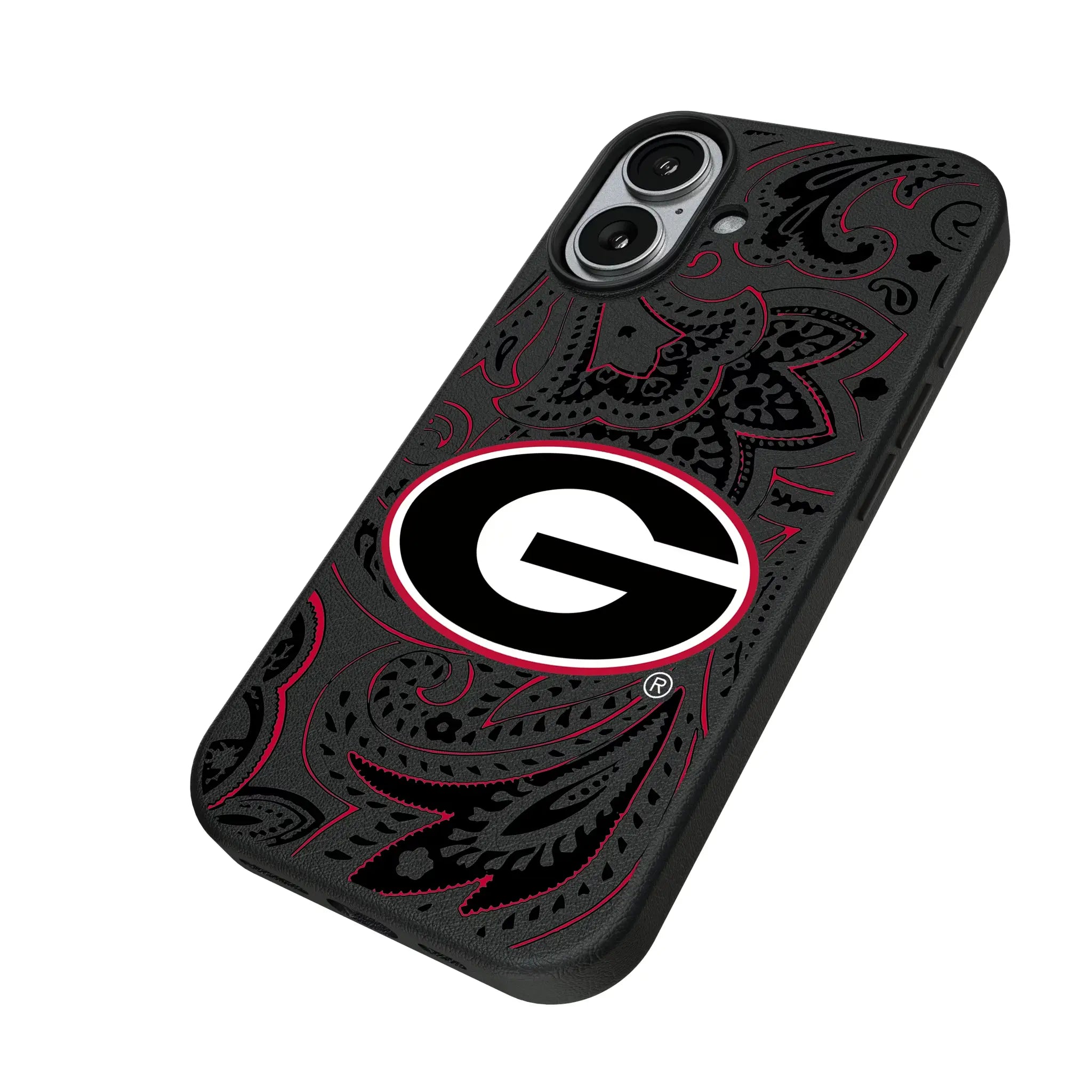 University of Georgia Bulldogs Paisley iPhone MagSafe Compatible Phone Case for Apple iPhone - Isometric View#Device_iPhone 17