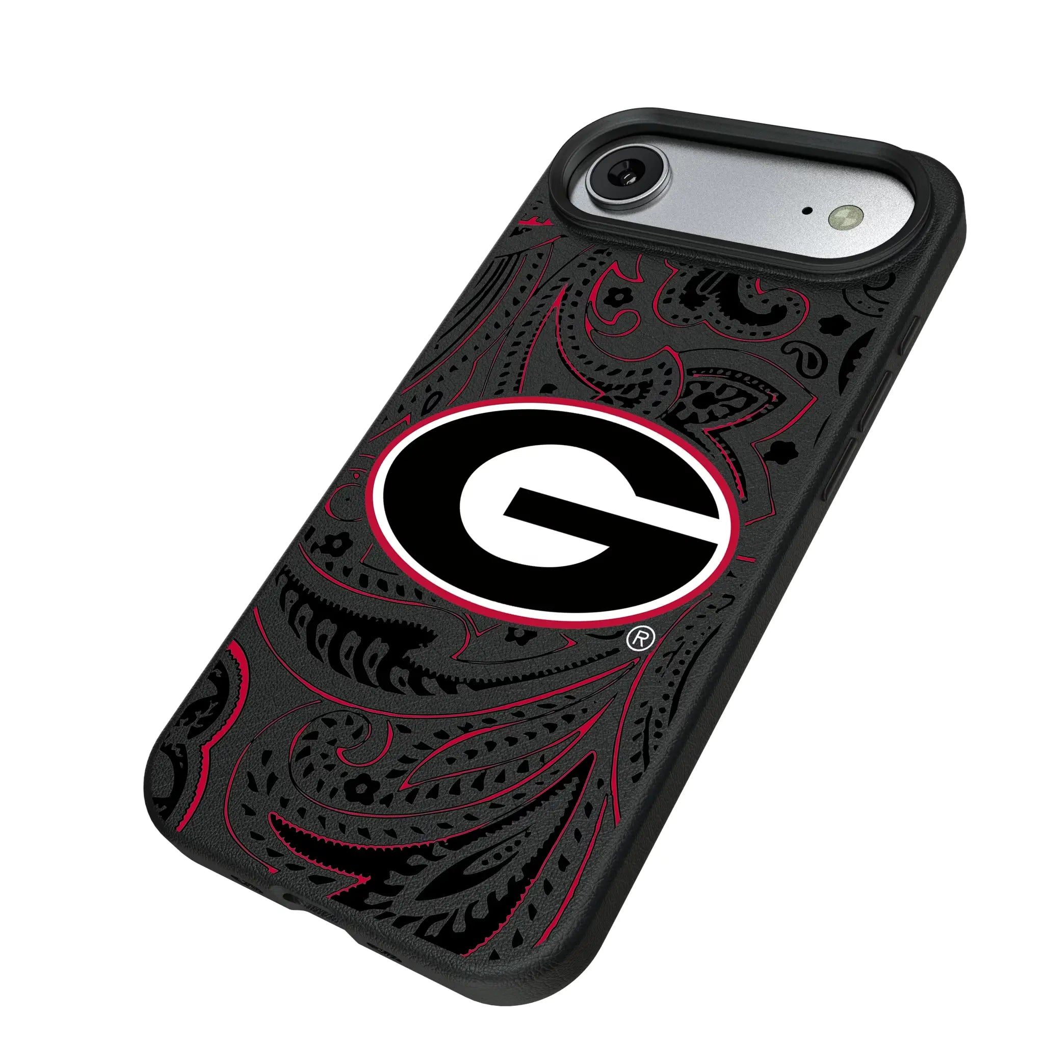 University of Georgia Bulldogs Paisley iPhone MagSafe Compatible Phone Case for Apple iPhone - Isometric View#Device_iPhone Air