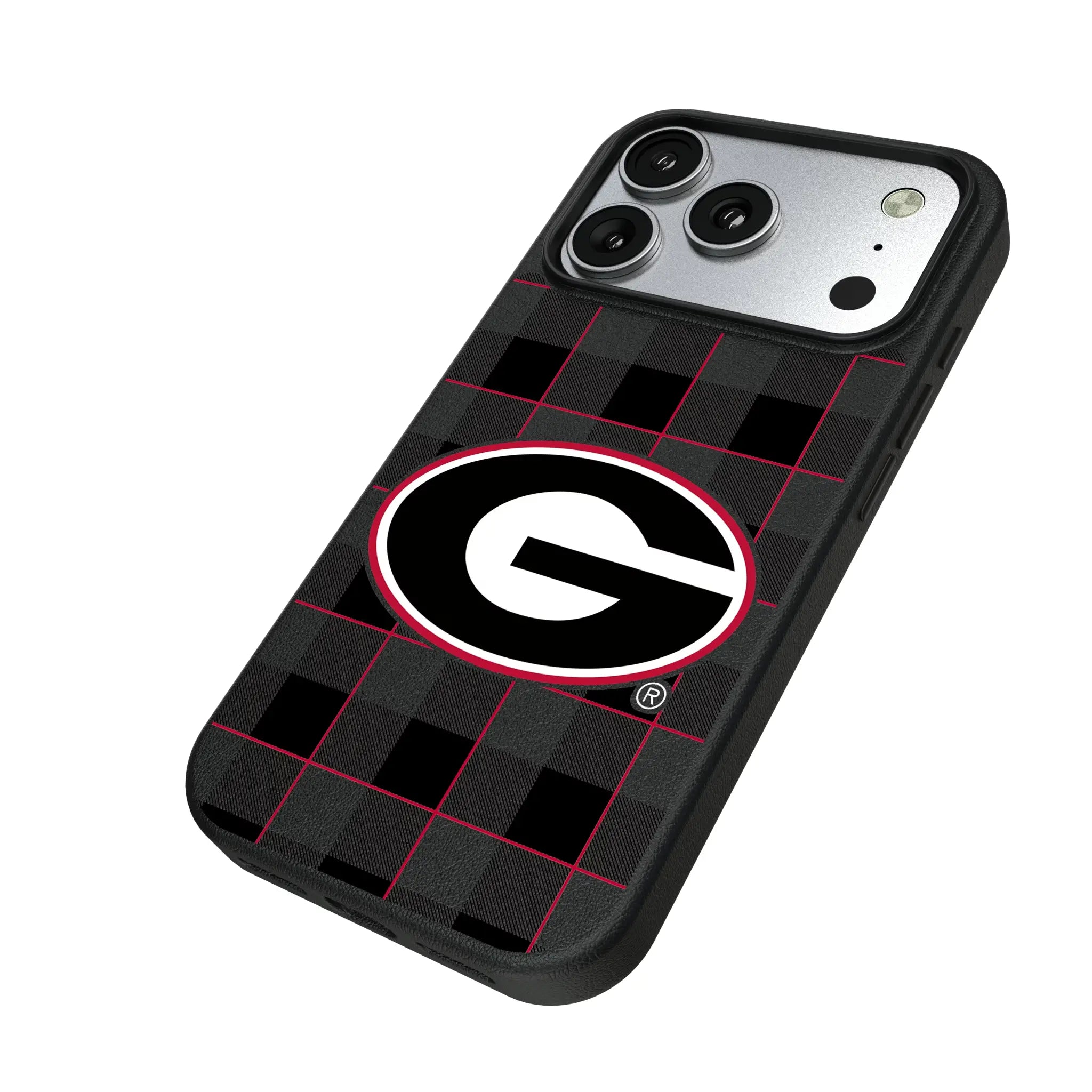 University of Georgia Bulldogs Plaid iPhone MagSafe Compatible Phone Case for Apple iPhone - Isometric View#Device_iPhone 17 Pro