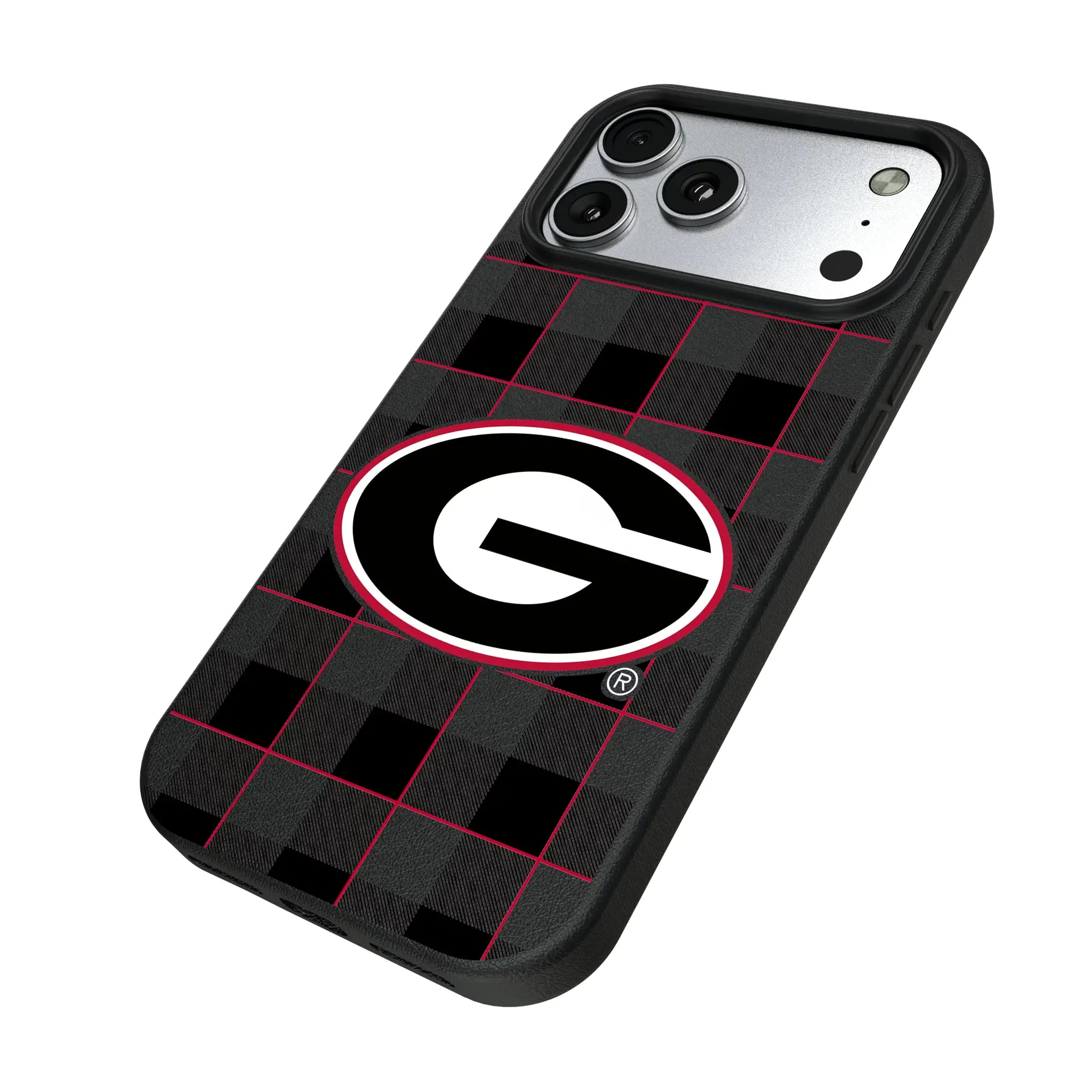 University of Georgia Bulldogs Plaid iPhone MagSafe Compatible Phone Case for Apple iPhone - Isometric View#Device_iPhone 17 Pro Max
