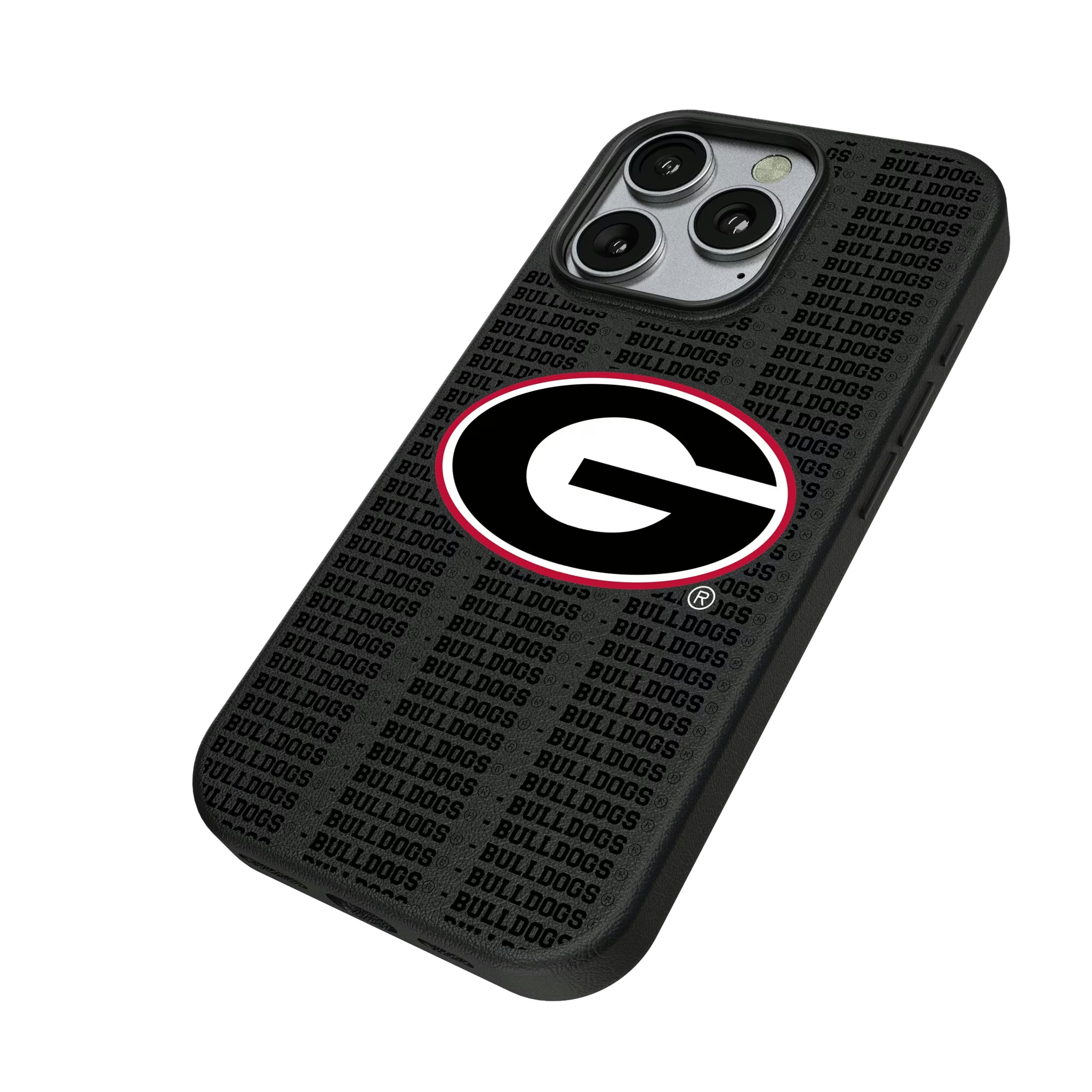 University of Georgia Bulldogs Text Backdrop iPhone MagSafe Compatible Phone Case for Apple iPhone - Isometric View