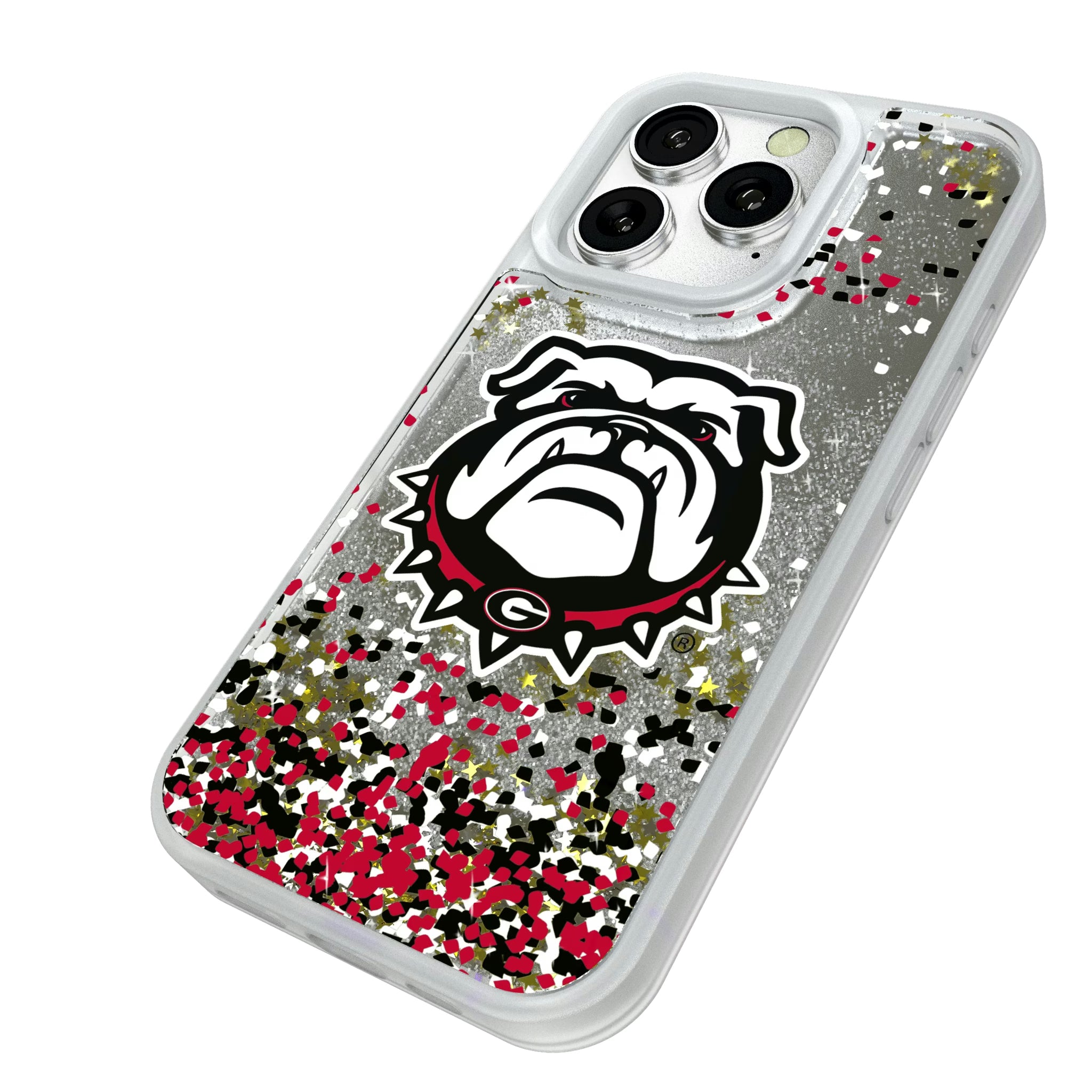 University of Georgia Bulldogs Uga Confetti iPhone Glitter Phone Case for Apple iPhone - Isometric View#Device_iPhone 16 Pro