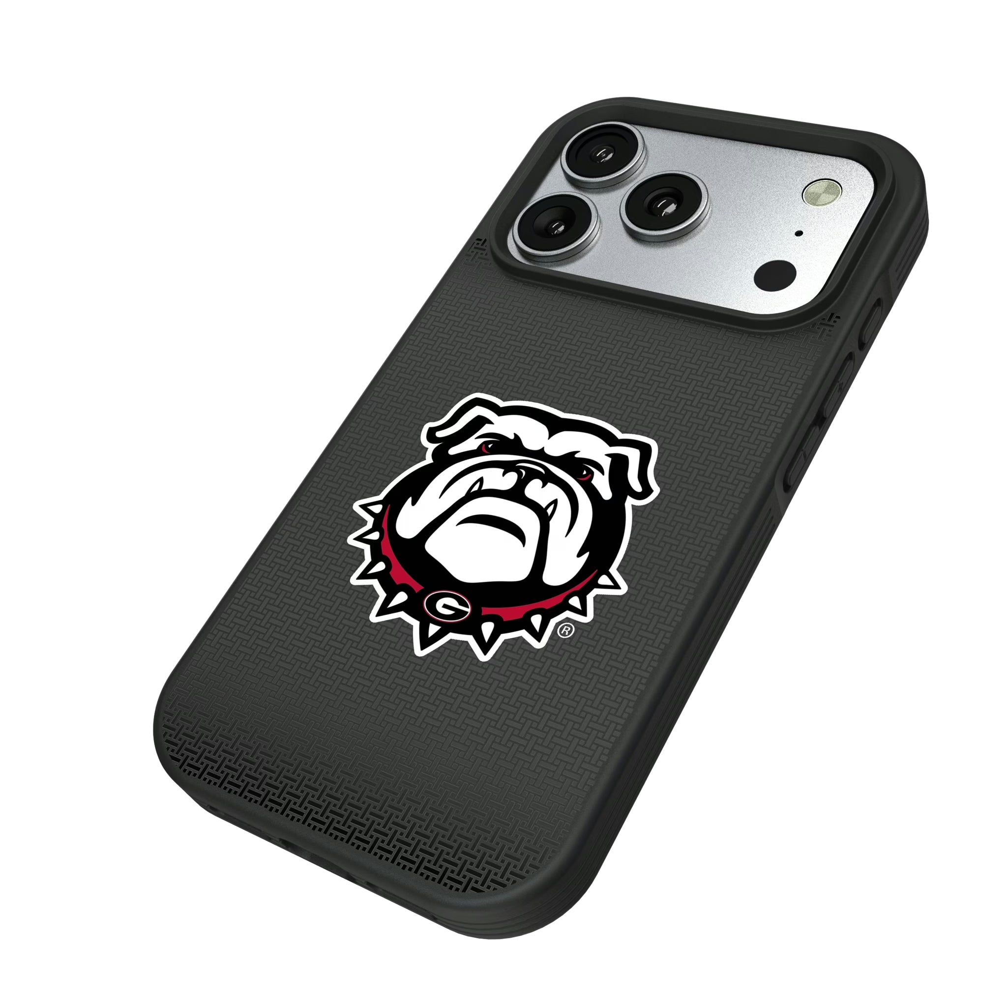 University of Georgia Bulldogs Uga Linen iPhone Bump Phone Case for Apple iPhone - Isometric View#Device_iPhone 17 Pro