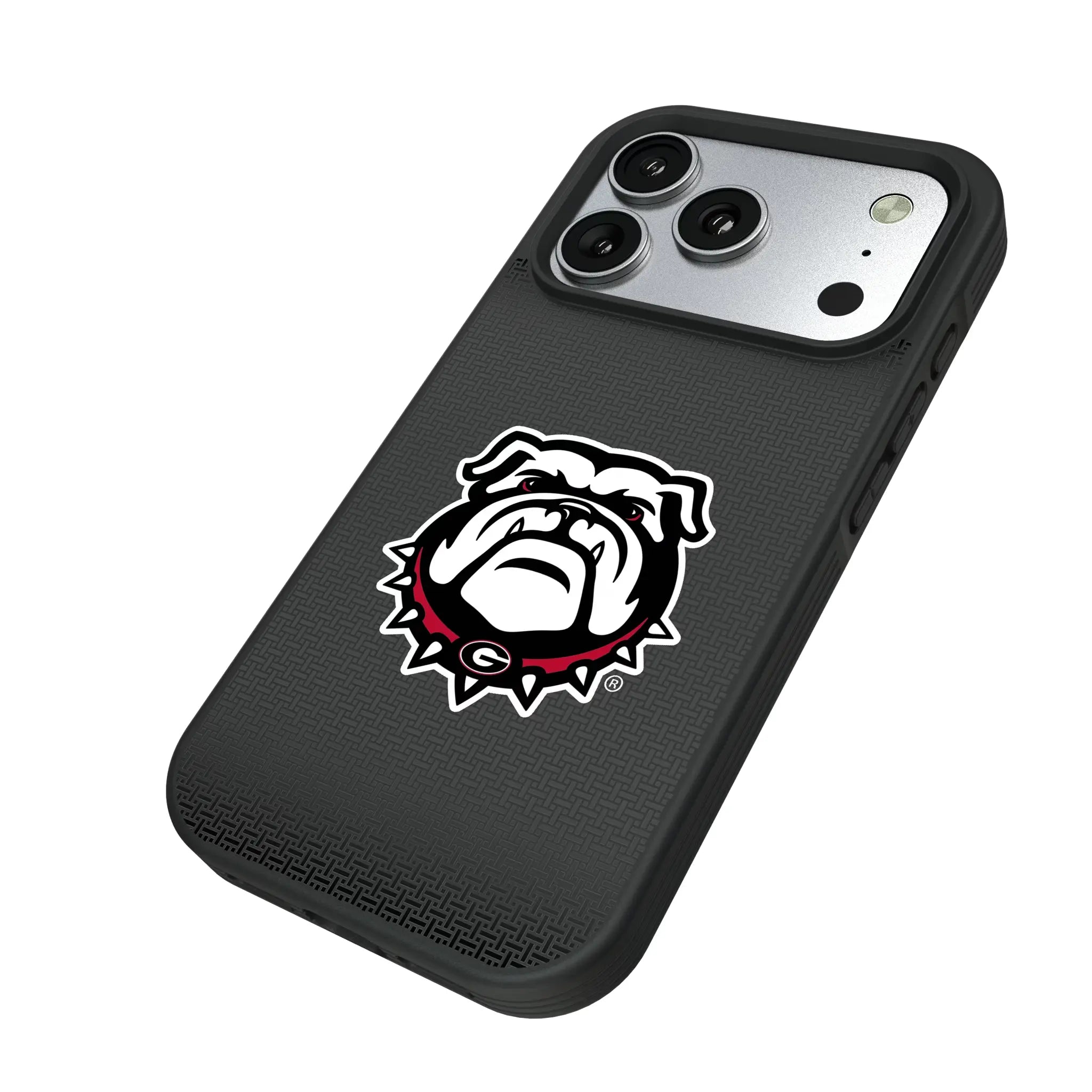 University of Georgia Bulldogs Uga Linen iPhone Bump Phone Case for Apple iPhone - Isometric View#Device_iPhone 17 Pro