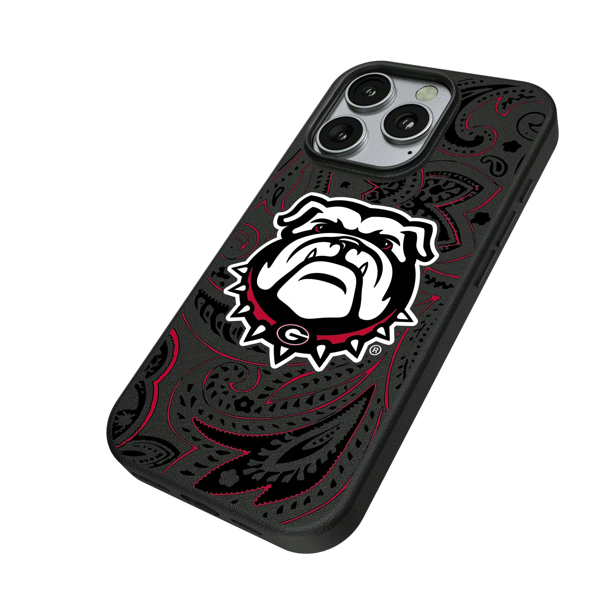 University of Georgia Bulldogs Uga Paisley iPhone MagSafe Compatible Phone Case for Apple iPhone - Isometric View