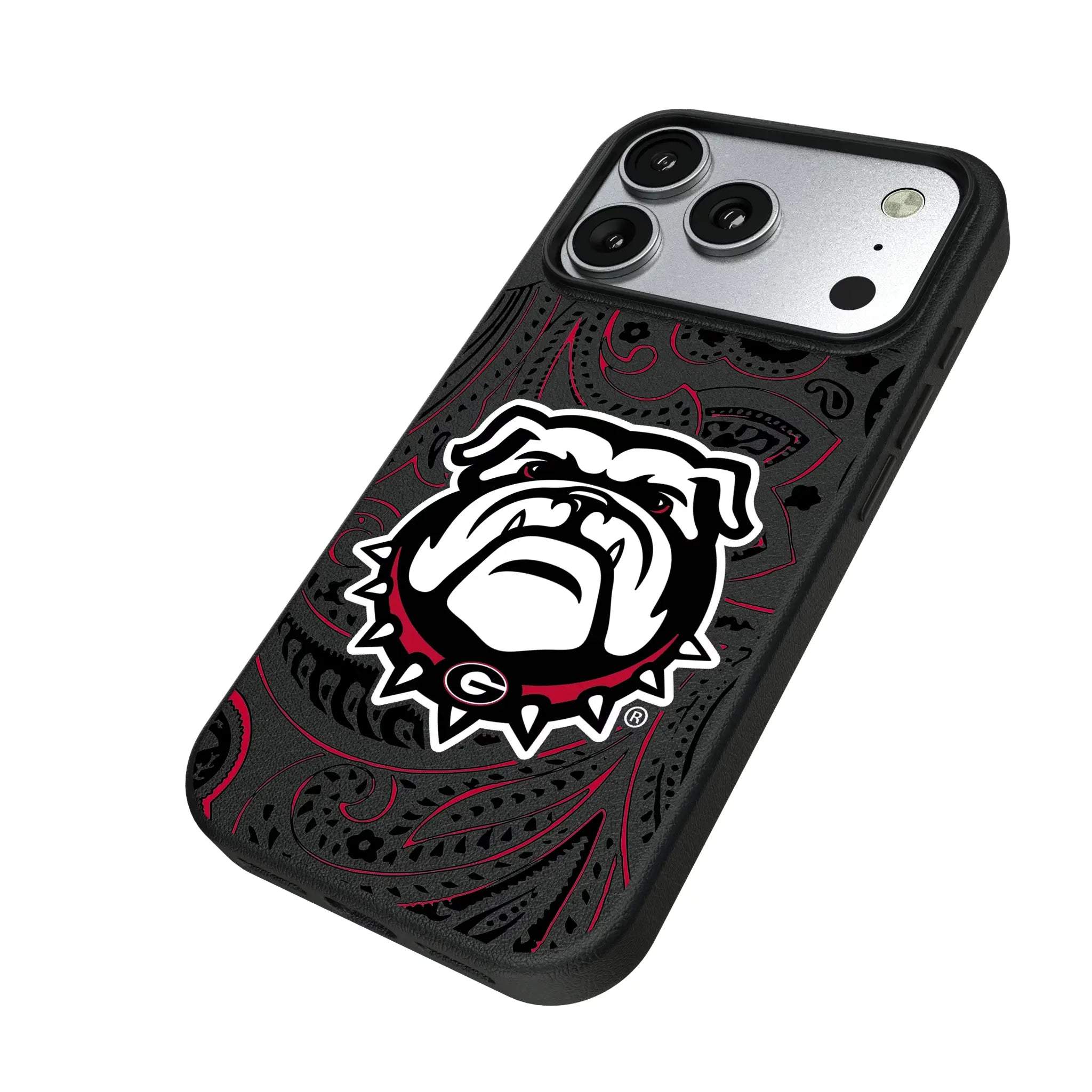 University of Georgia Bulldogs Uga Paisley iPhone MagSafe Compatible Phone Case for Apple iPhone - Isometric View#Device_iPhone 17 Pro