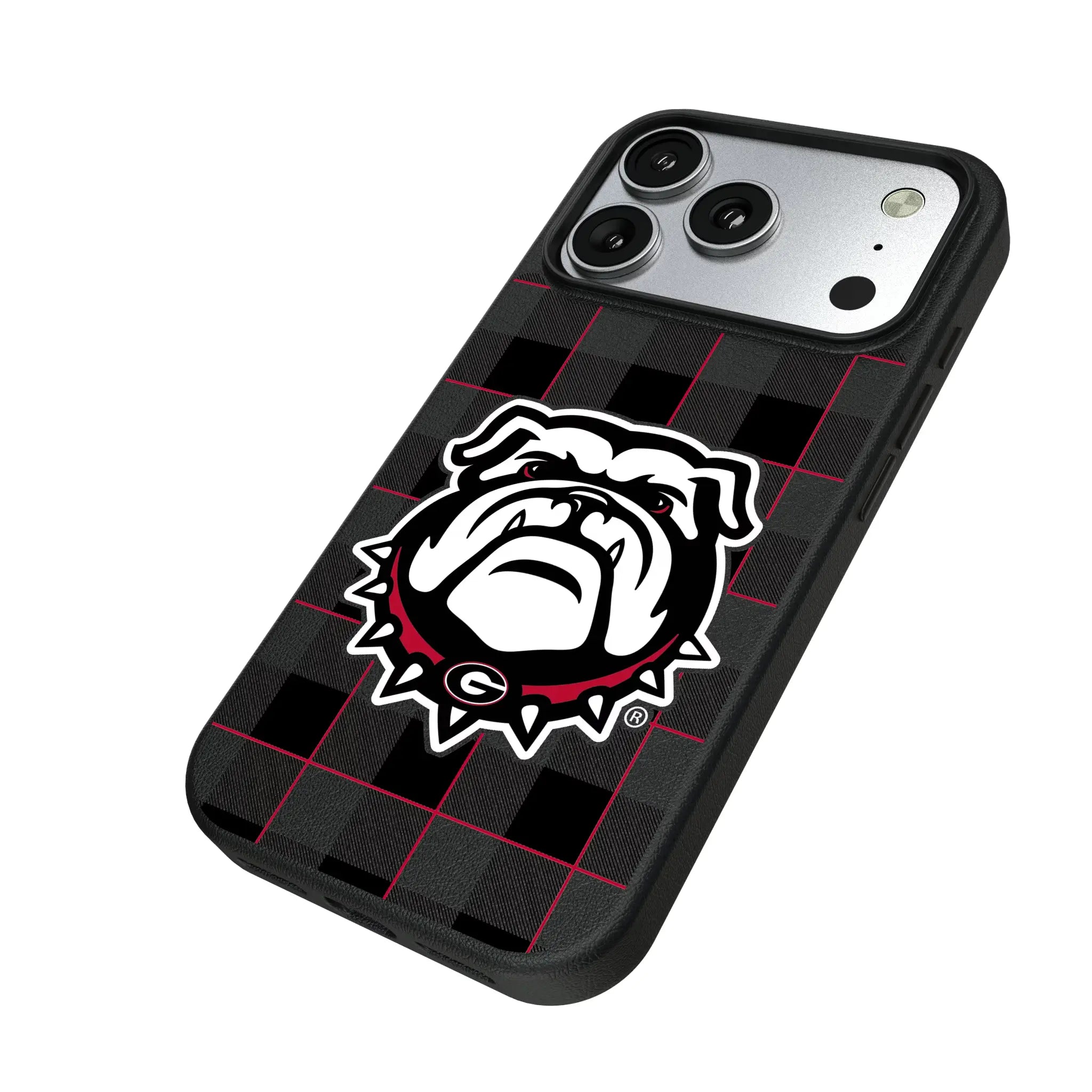 University of Georgia Bulldogs Uga Plaid iPhone MagSafe Compatible Phone Case for Apple iPhone - Isometric View#Device_iPhone 17 Pro