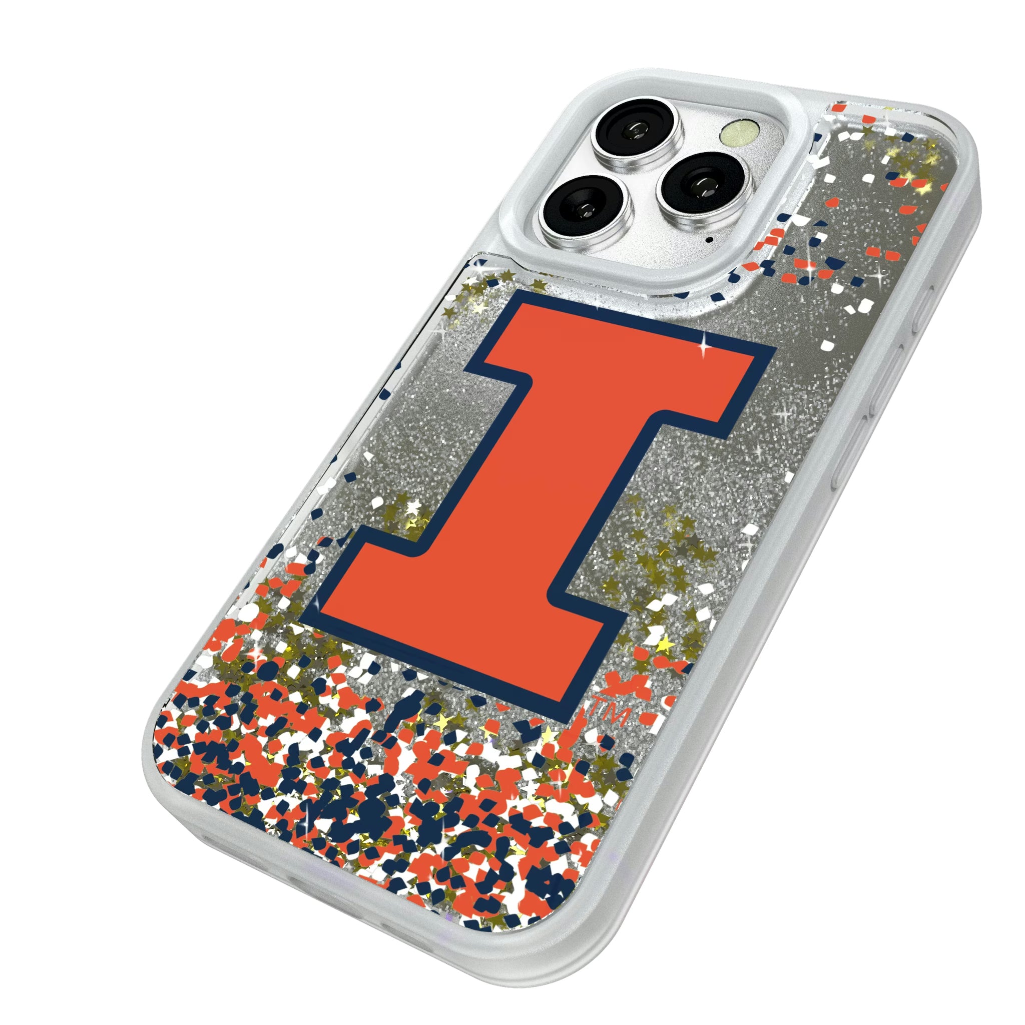 University of Illinois Fighting Illini Confetti iPhone Glitter Phone Case for Apple iPhone - Isometric View#Device_iPhone 16 Pro
