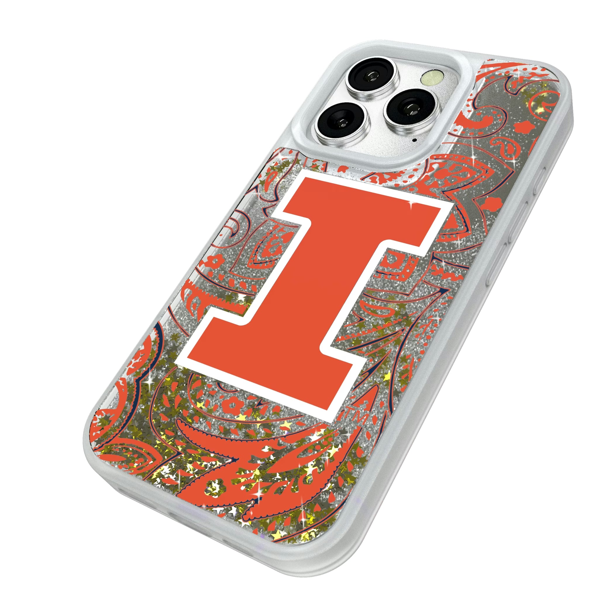 University of Illinois Fighting Illini Paisley iPhone Glitter Phone Case for Apple iPhone - Isometric View#Device_iPhone 16 Pro