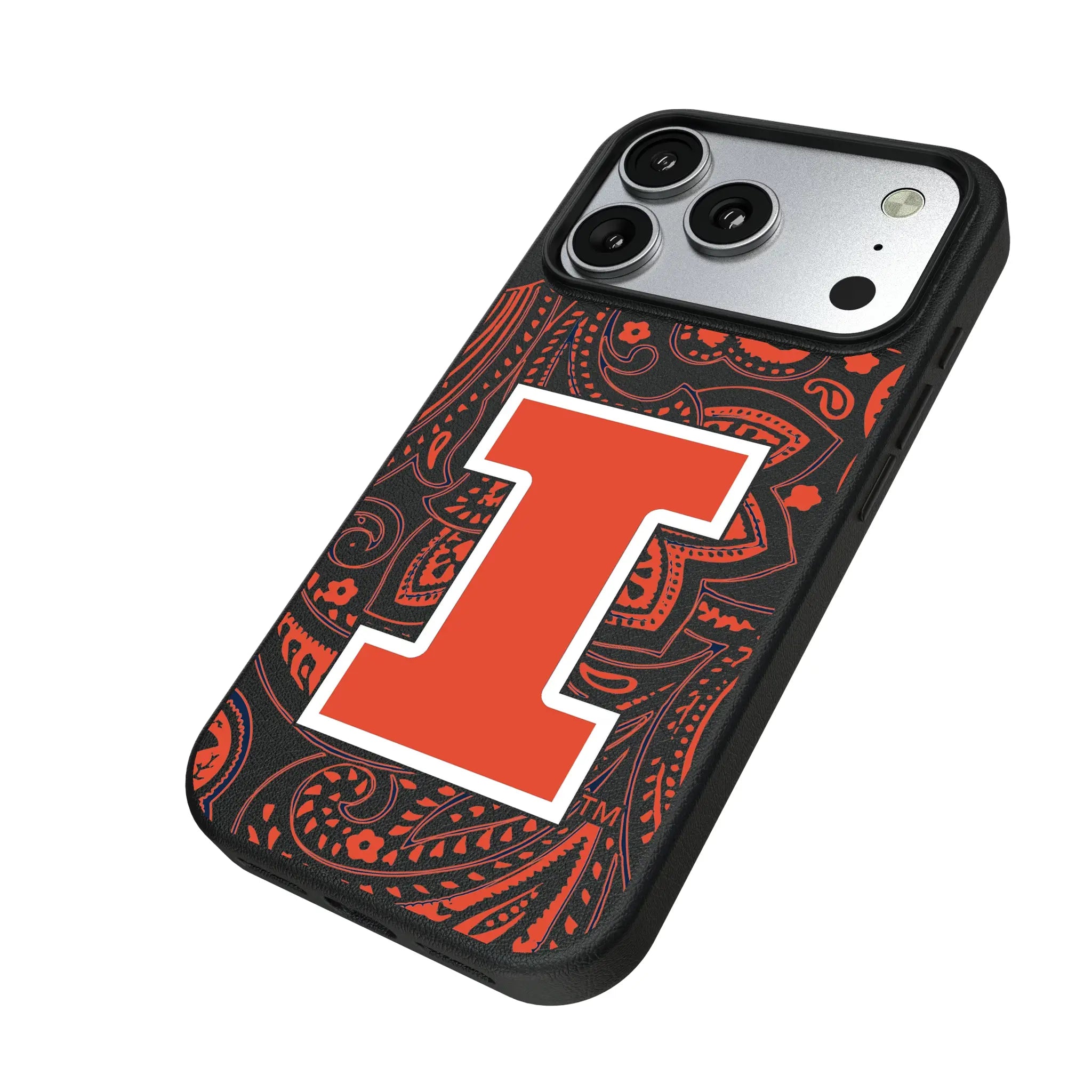 University of Illinois Fighting Illini Paisley iPhone MagSafe Compatible Phone Case for Apple iPhone - Isometric View#Device_iPhone 17 Pro