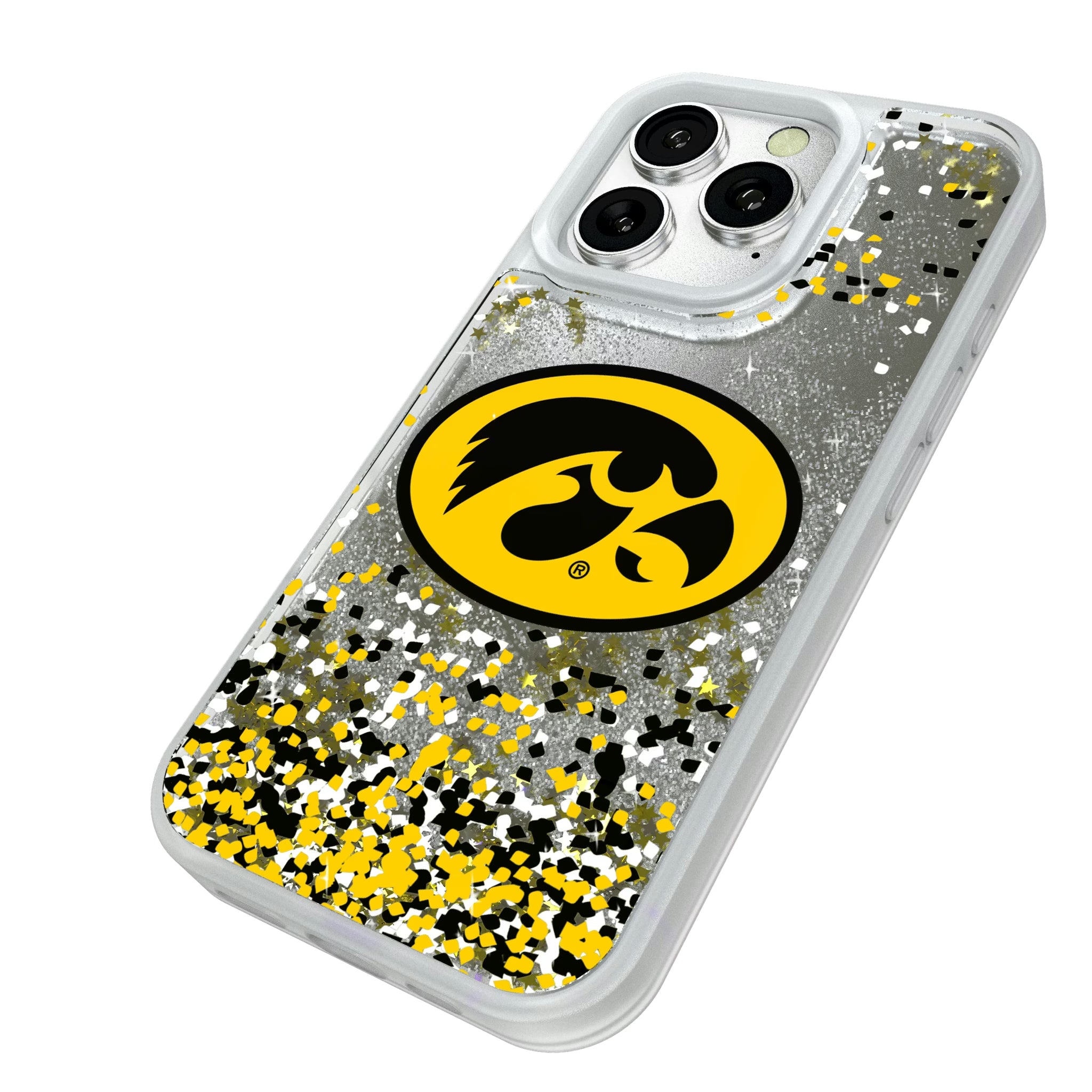 University of Iowa Hawkeyes Confetti iPhone Glitter Phone Case for Apple iPhone - Isometric View#Device_iPhone 16 Pro