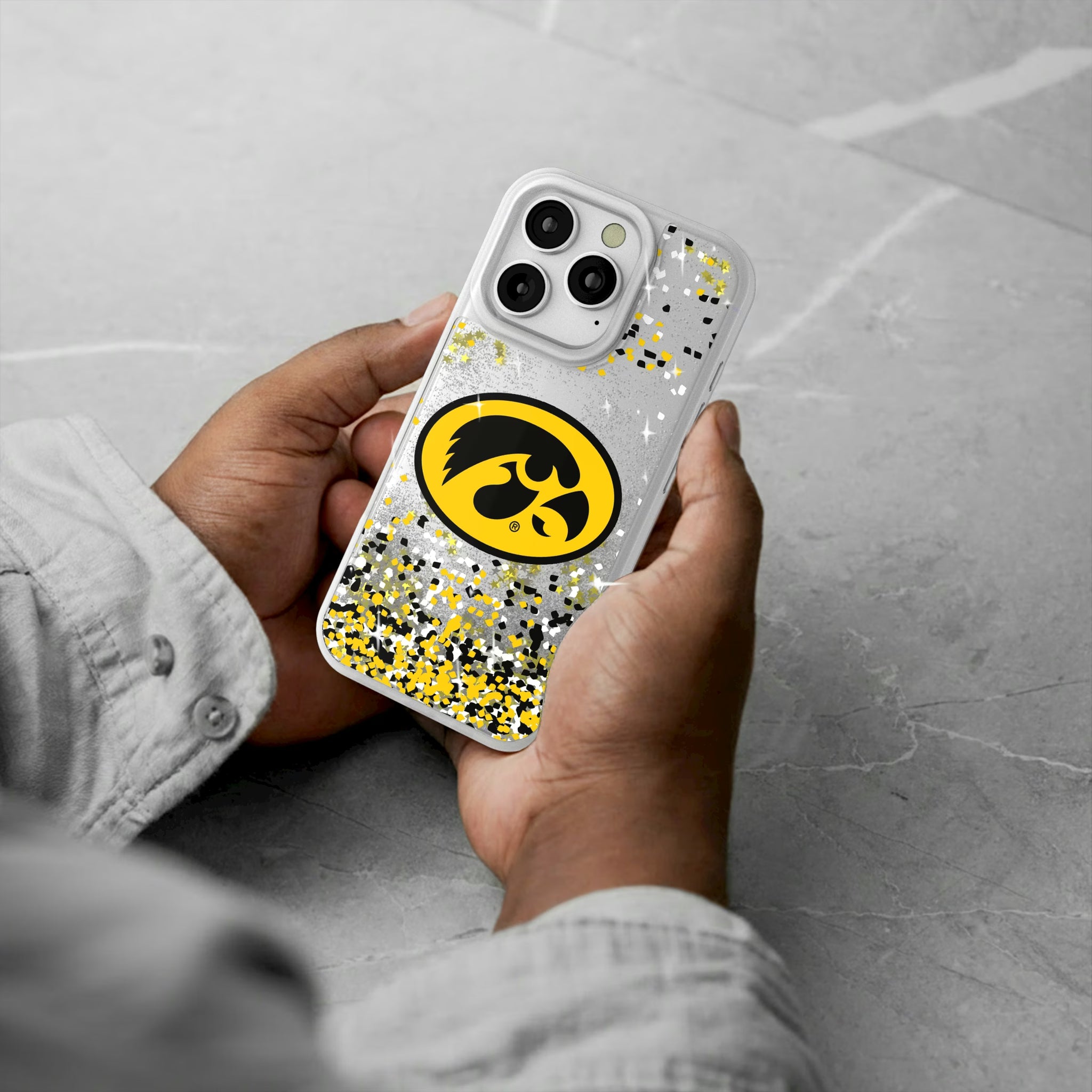University of Iowa Hawkeyes Confetti iPhone Glitter Phone Case for Apple iPhone - Lifestyle#Device_iPhone 16 Pro