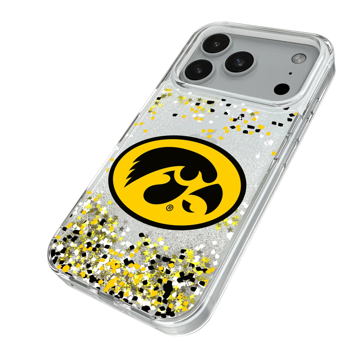 University of Iowa Hawkeyes Confetti iPhone Glitter Phone Case for Apple iPhone - Isometric View#Device_iPhone 18 Pro